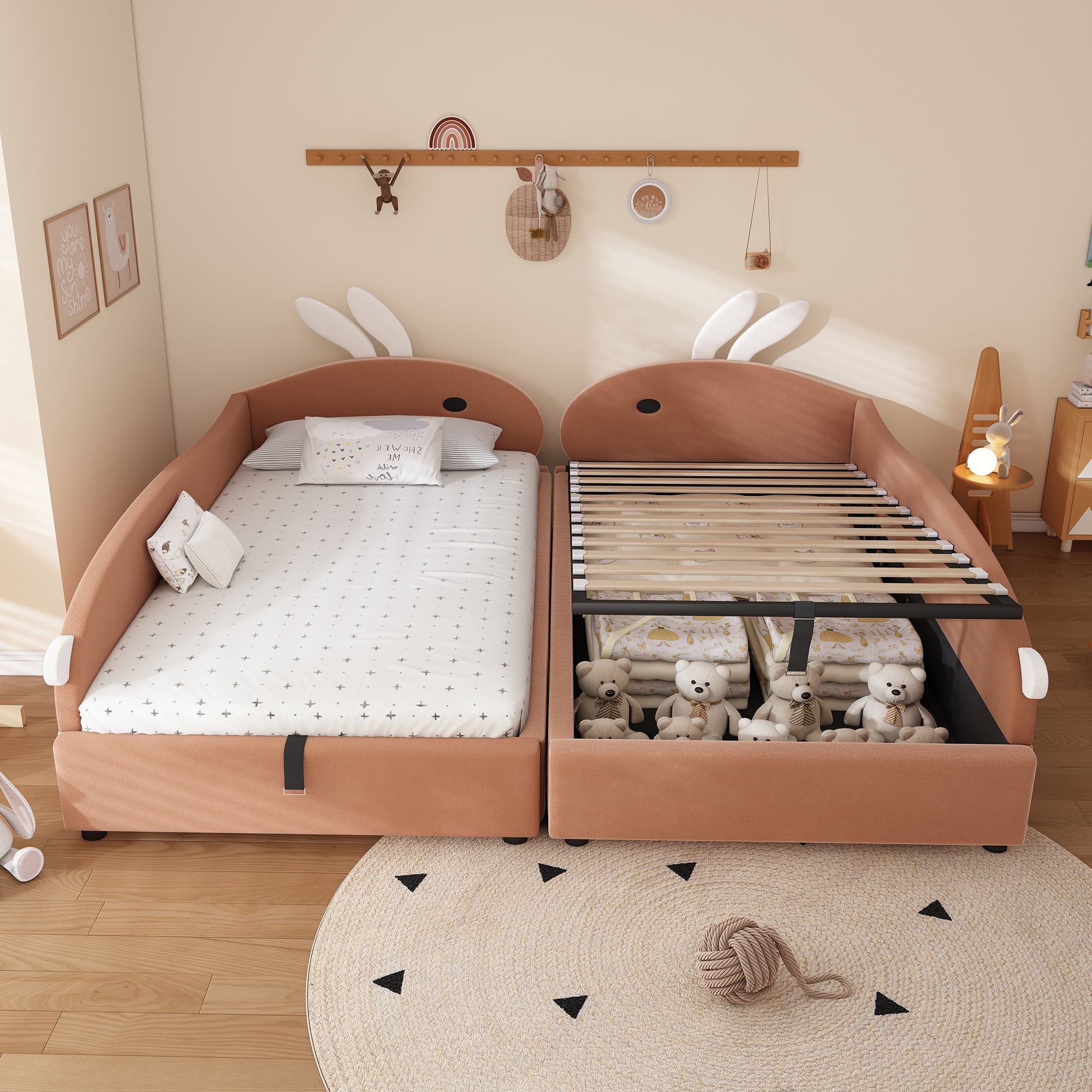 Logidon gestoffeerd bed 90x200 cm roze fluwelen konijn hoofdbord met opbergruimte