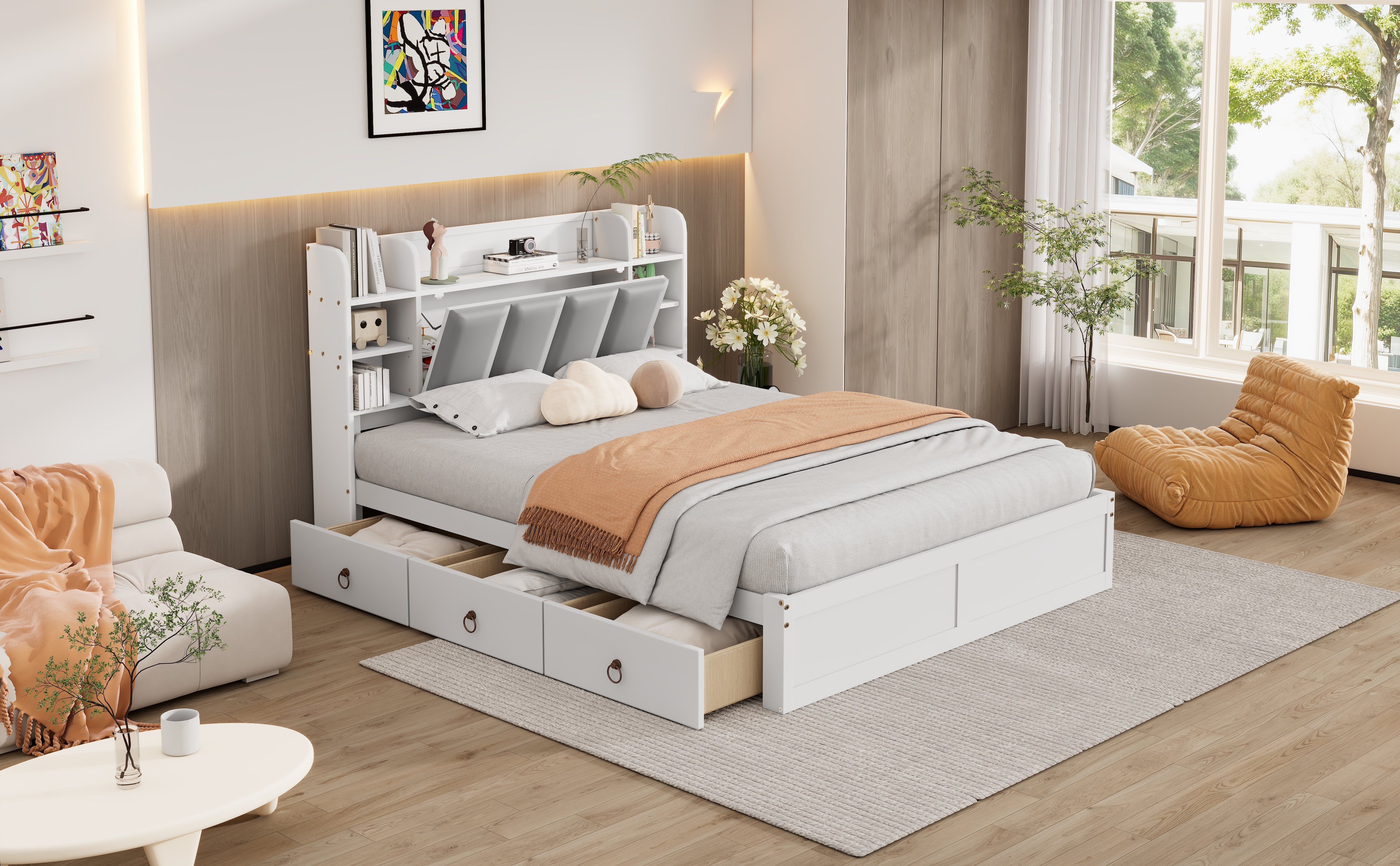 Logidon tweepersoonsbed witgrijs 140x200 cm plank drie lades op wielen