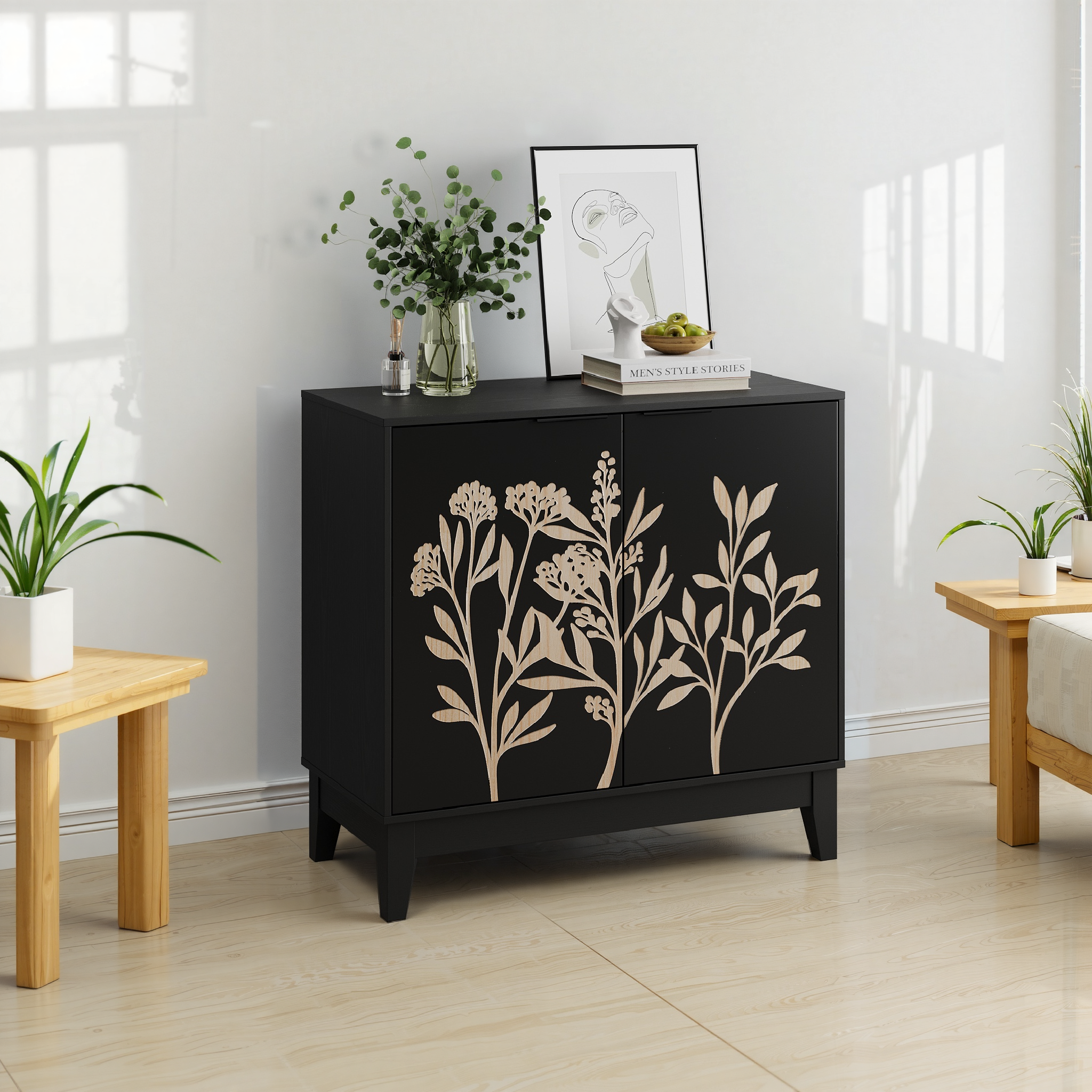 Logidon 80 cm Buffetschrank Schwarz Mit Schnitzwerk Und Verstellbaren Regalen
