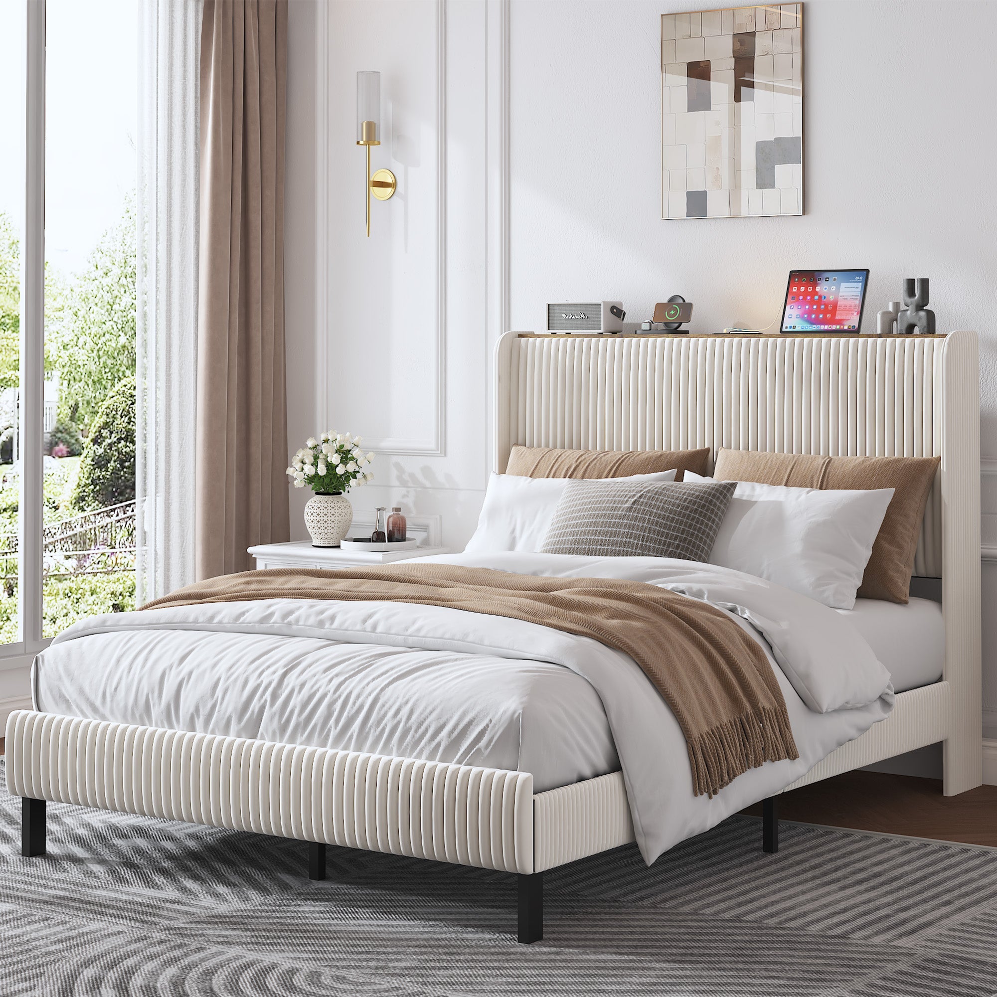 Logidon bedframe 140x200 beige fluwelen platformbed met vleugelhoofdeinde