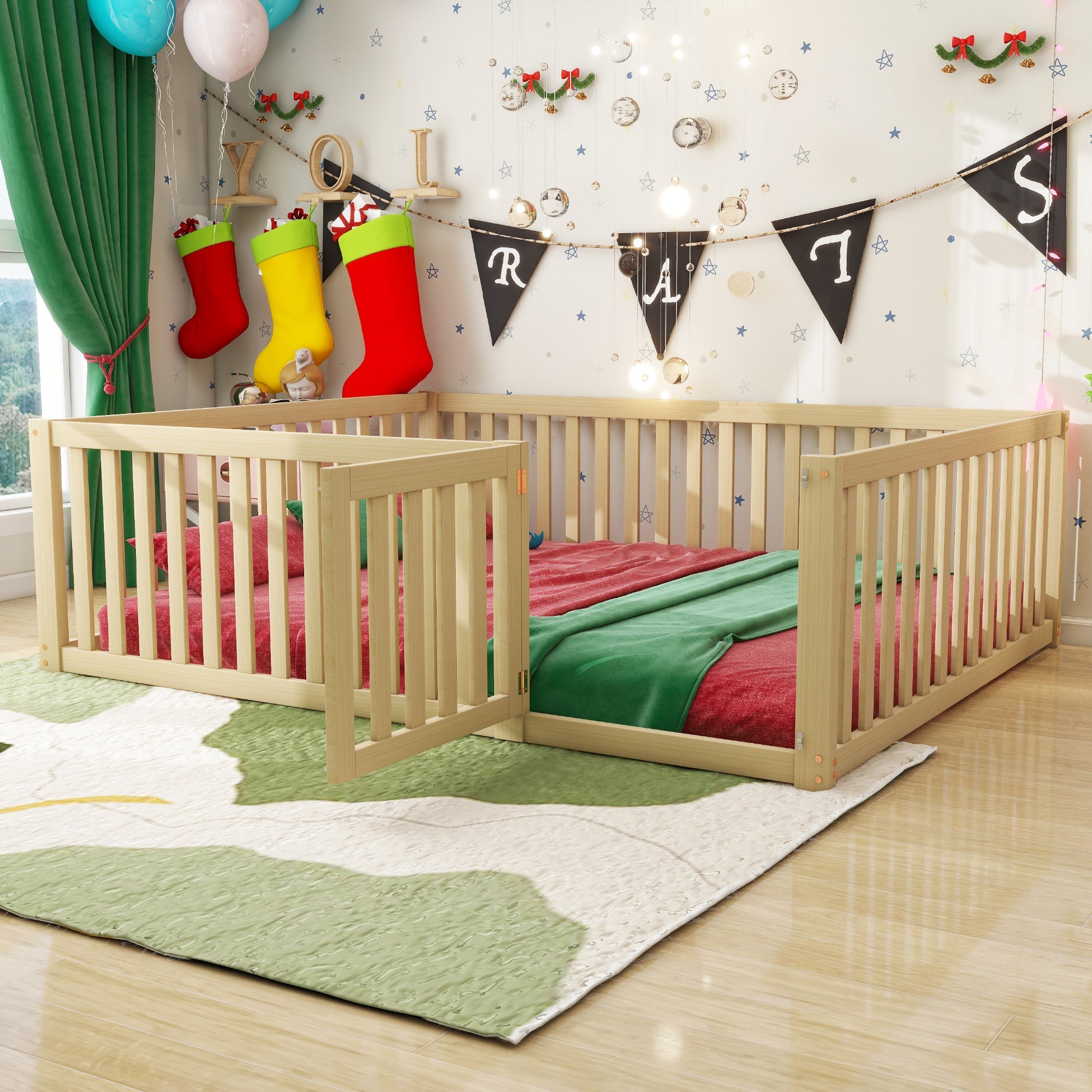 Logidon Kinderbed 140x200 Naturel Hout Met Hek En Deur