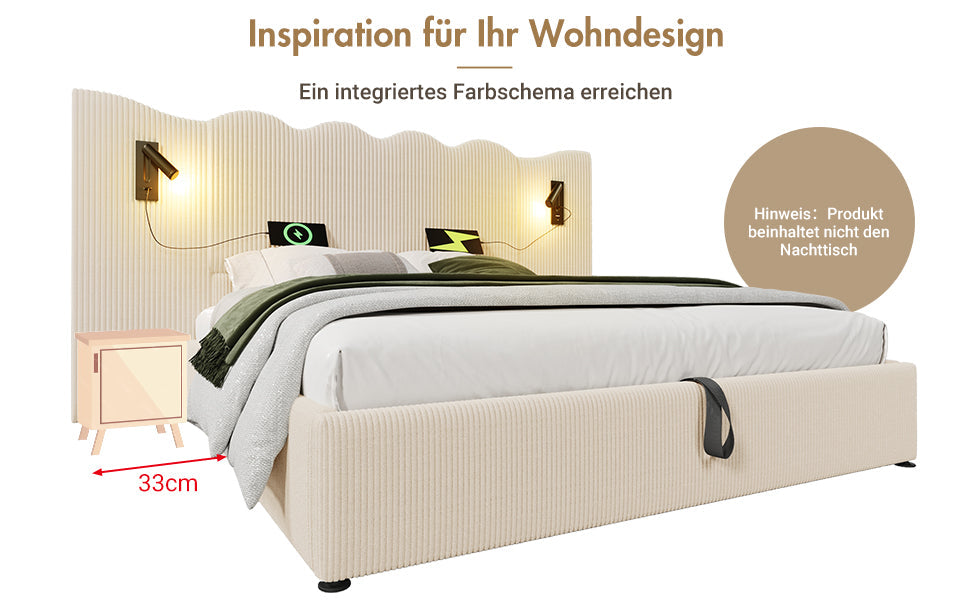 Logidon upholstered bed 160x200 beige with reading lamp USB charging function