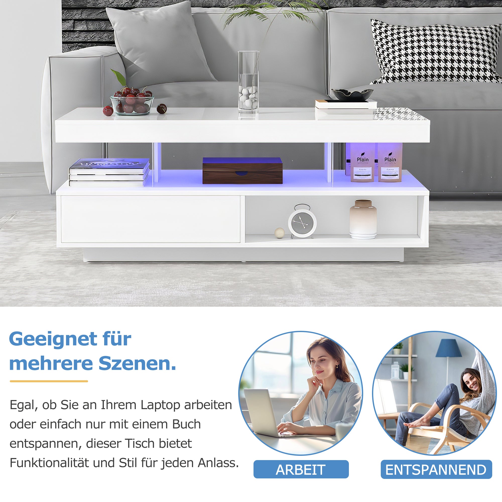 Logidon Witte Hoogglans Salontafel 95x50 cm Met Glazen Bladen