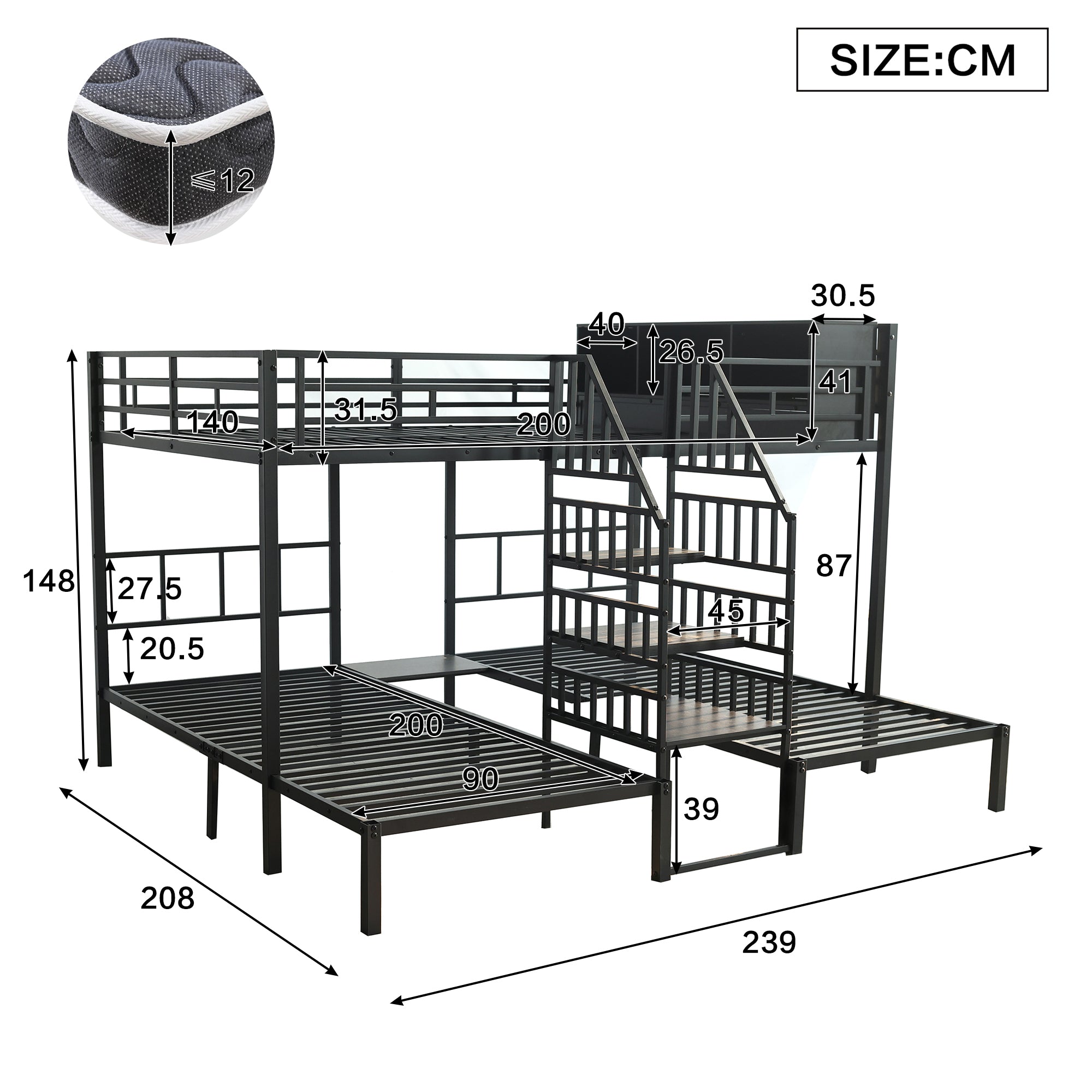 Logidon stapelbed ijzer zwart met drie slaapplaatsen 90x200cm