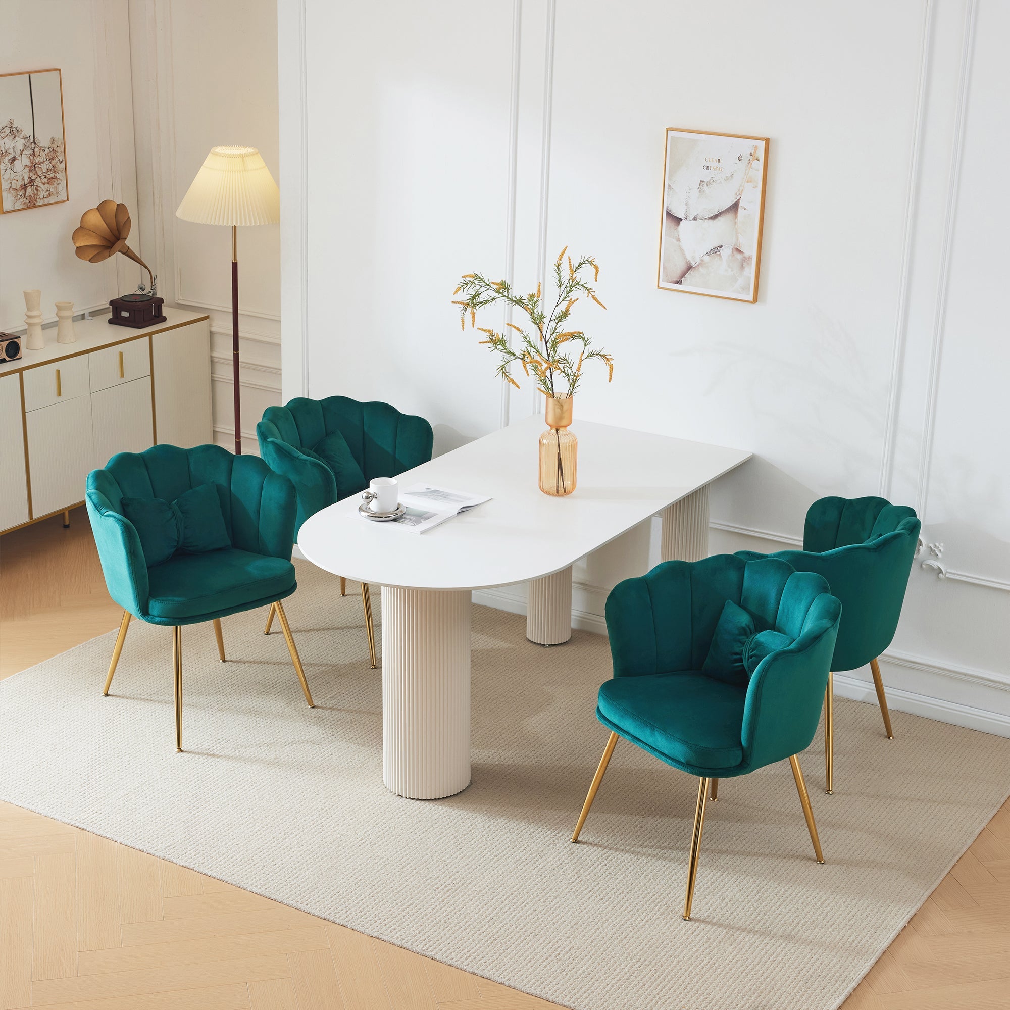 Logidon Set van 4 Fluwelen Stoelen Groen met Bladdesign en Gouden Poten