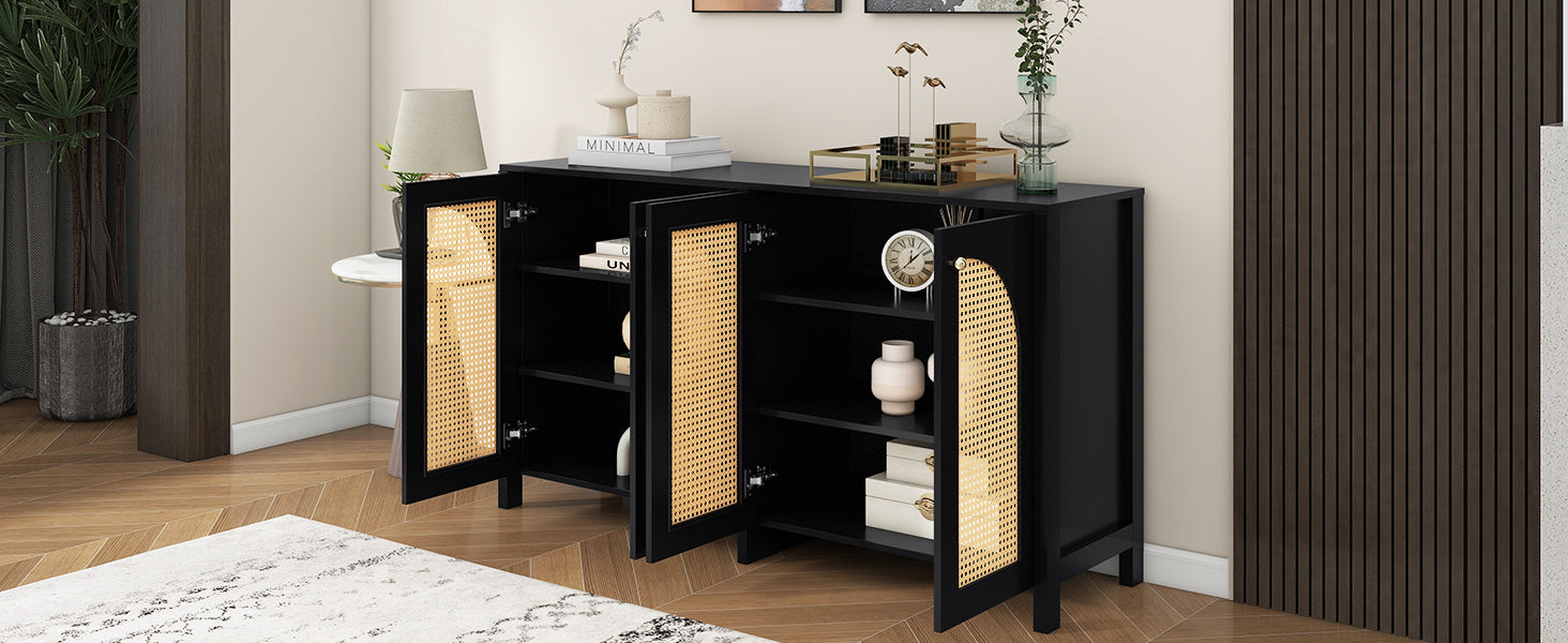 Logidon Dressoir Zwart Met Rotan Deuren Modern Buffet 145x40x80