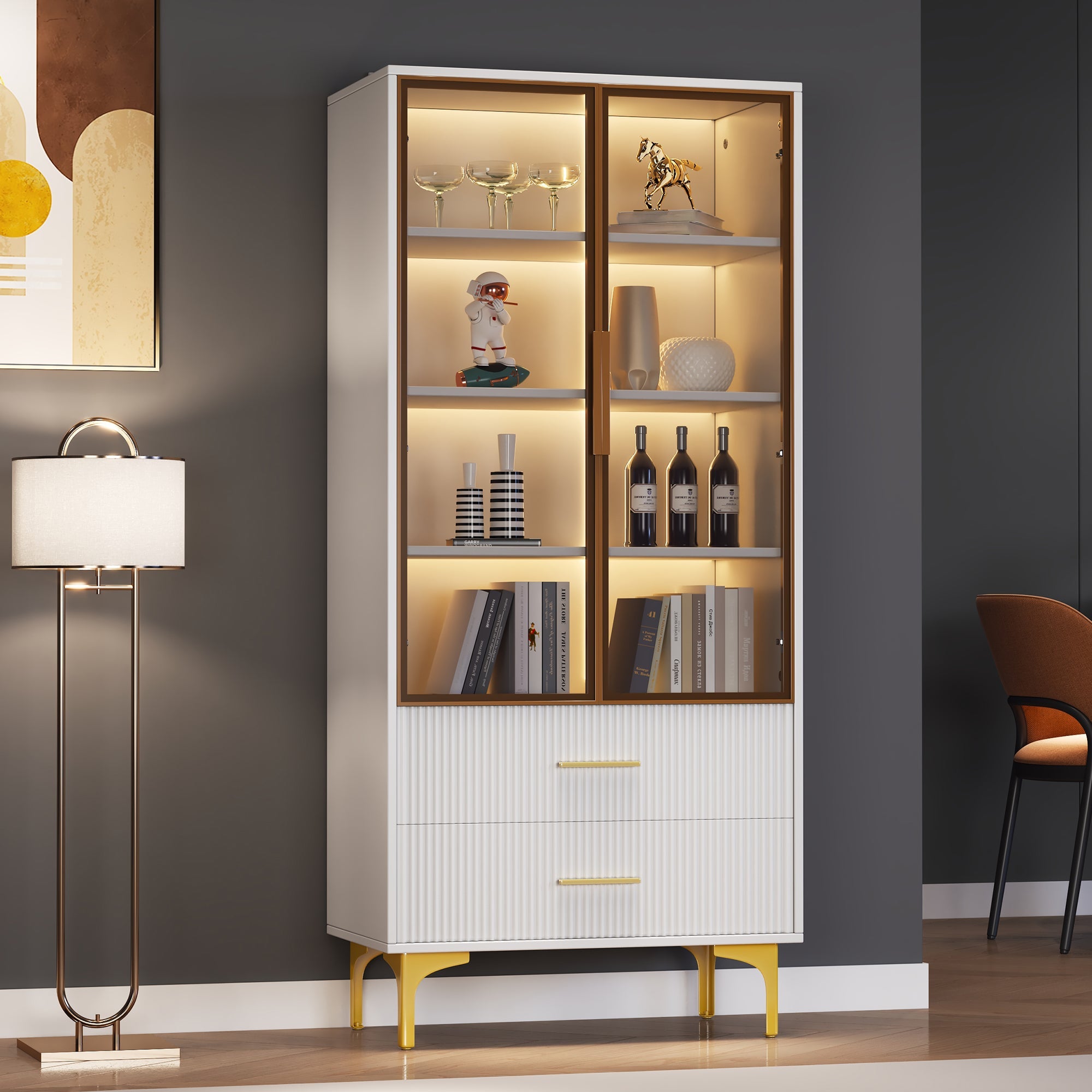 Logidon Elegant White Glass Display Cabinet 70x35x150 cm Teal Glass Doors