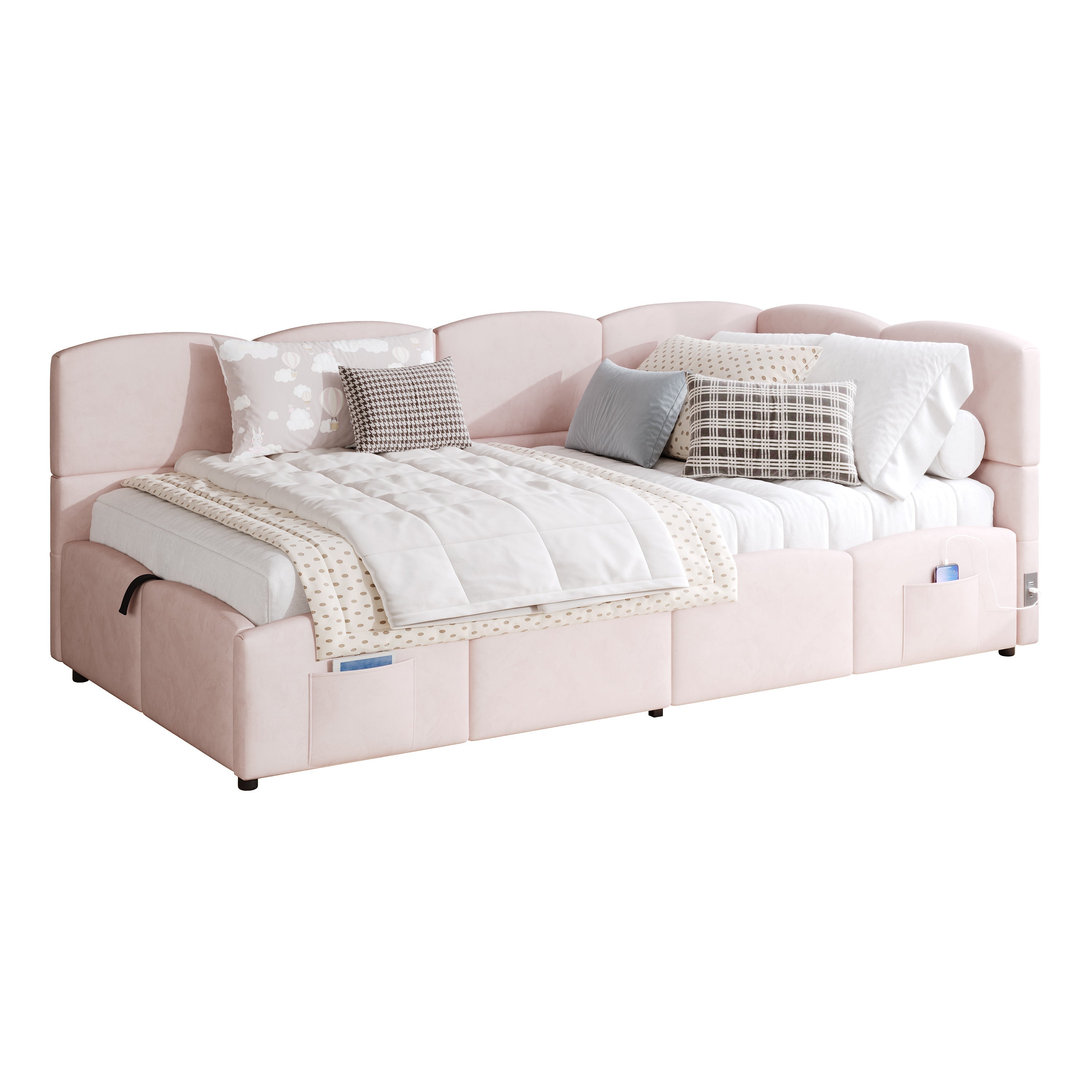 Logidon fluweel gestoffeerd bed roze 90x200 met lattenbodem en opbergruimte