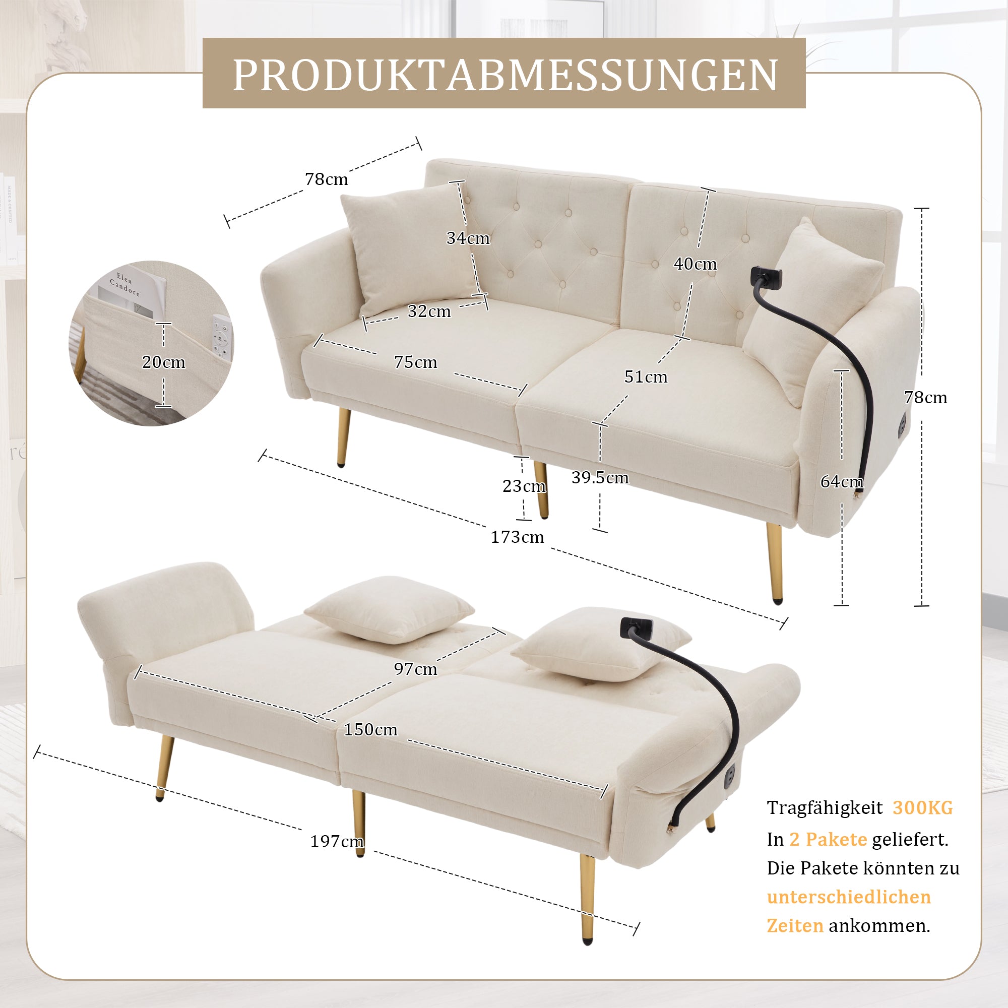 Logidon slaapbank tweezits beige fluweel met verstelbare rugleuning USB