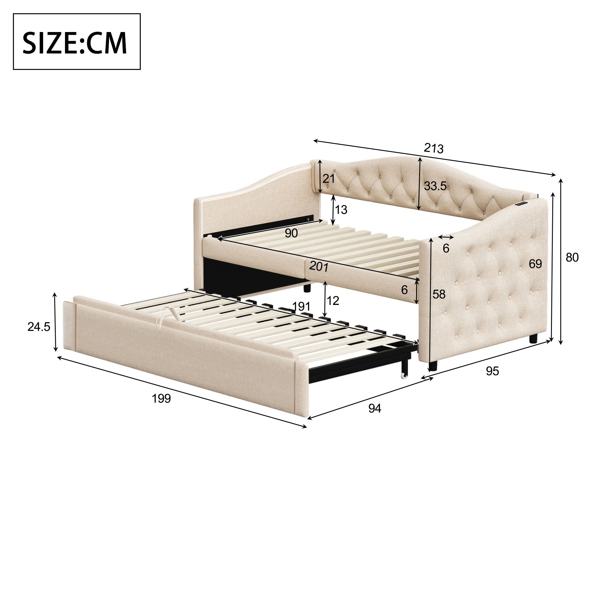 Logidon uitschuifbare slaapbank 90x200 beige met USB-poort
