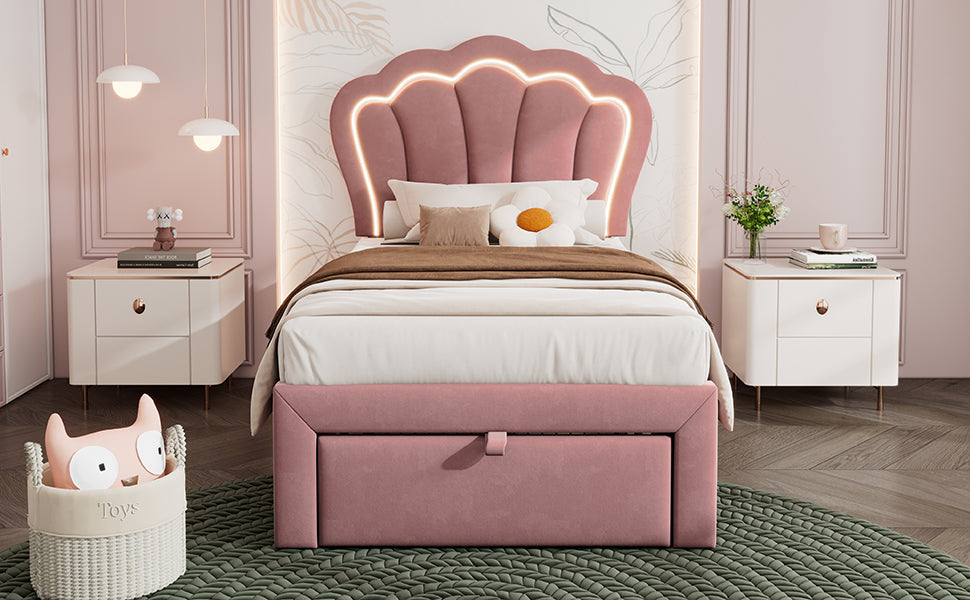 Logidon kinderbed LED 90x190 roze fluweel gestoffeerd bed met lades