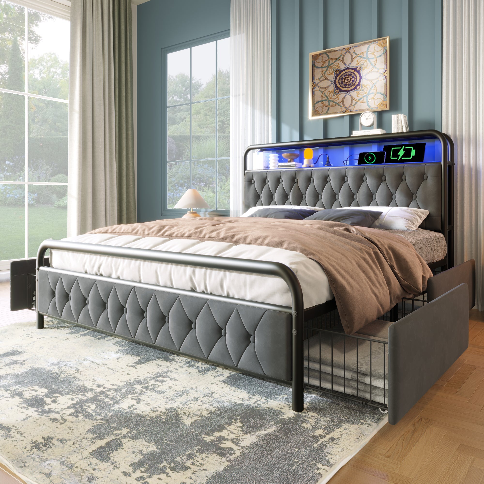 Logidon gestoffeerd bed 140x200 fluweelgrijs met USB C oplaadfunctie APP LED