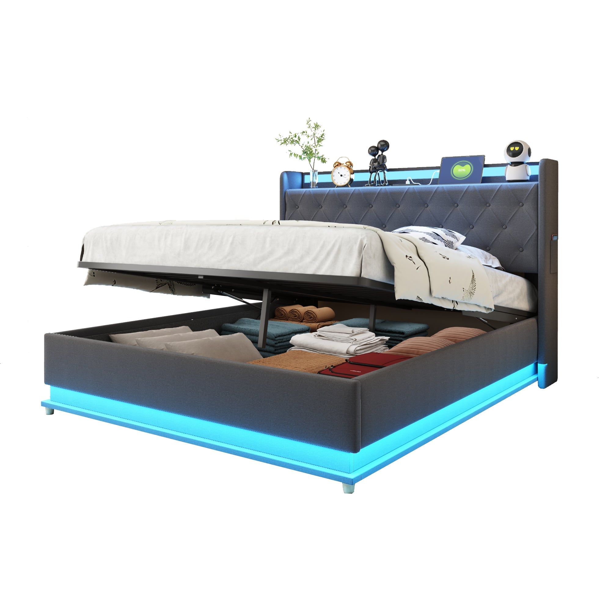 Logidon LED gestoffeerd bed 140x200 grijs met USB-oplaadpoort opbergruimte