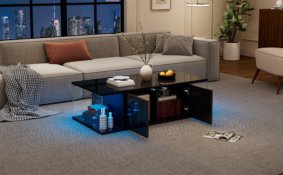 Logidon salontafel 100x50x30 cm zwart hoogglans LED 2 kasten