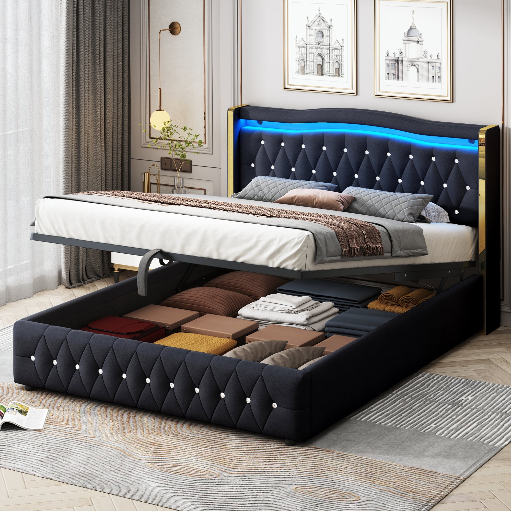 Logidon gestoffeerd bed 160x200 zwart fluweel stof met LED verlichting