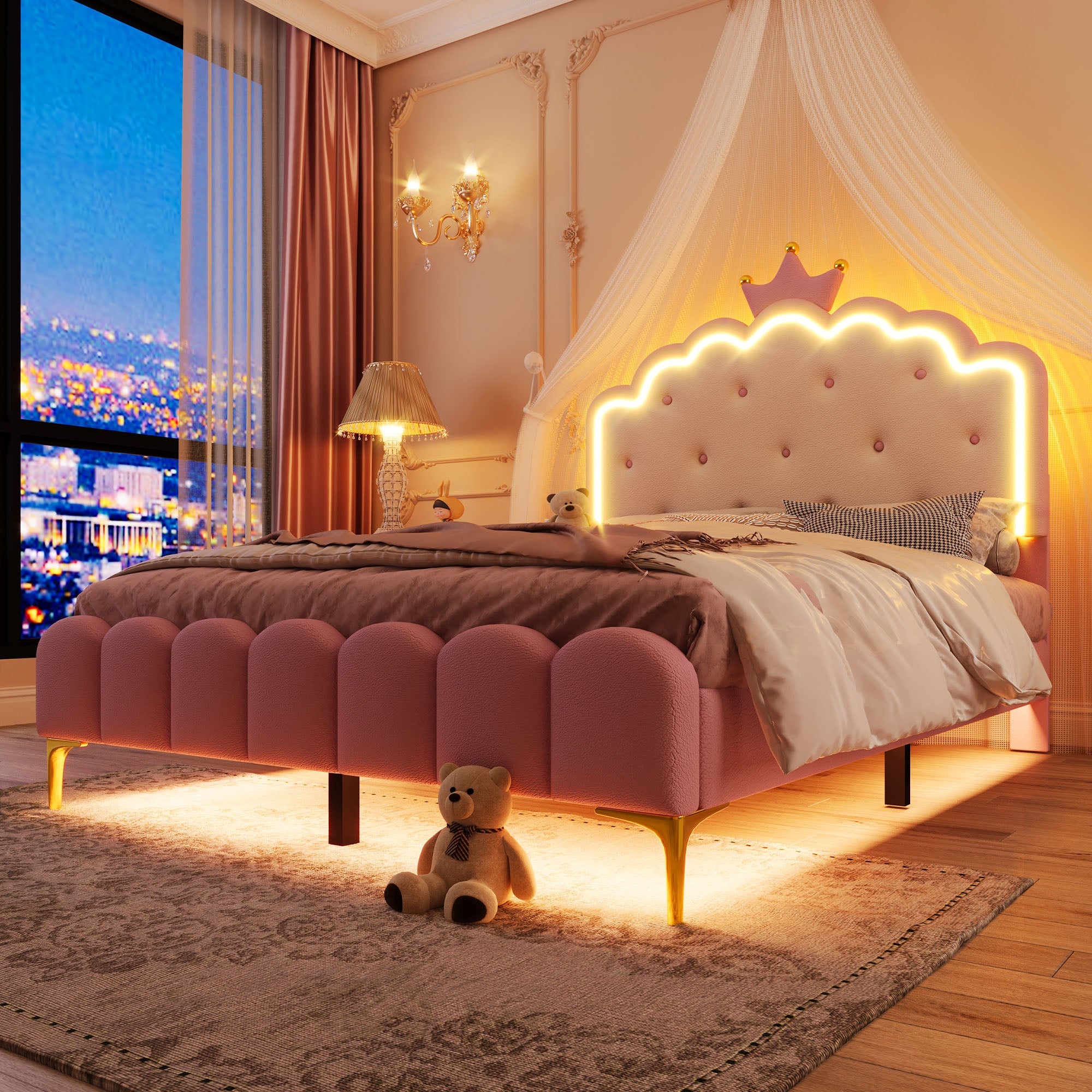 Logidon gestoffeerd bed 140x200 roze met lattenbodem LED-verlichting