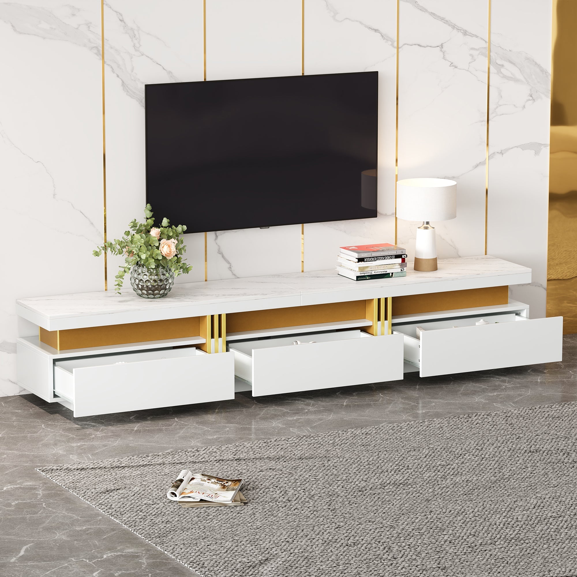 Logidon TV-meubel 200 cm marmerlook drie lades kabelmanagement