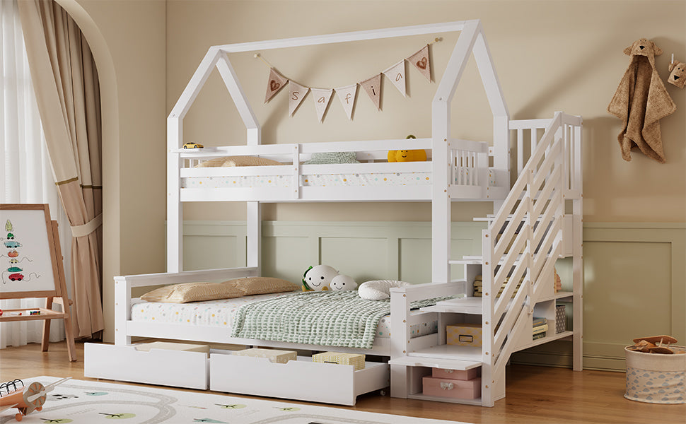 Logidon stapelbed kinderbed wit 90x200 en 140x200 met dakdesign