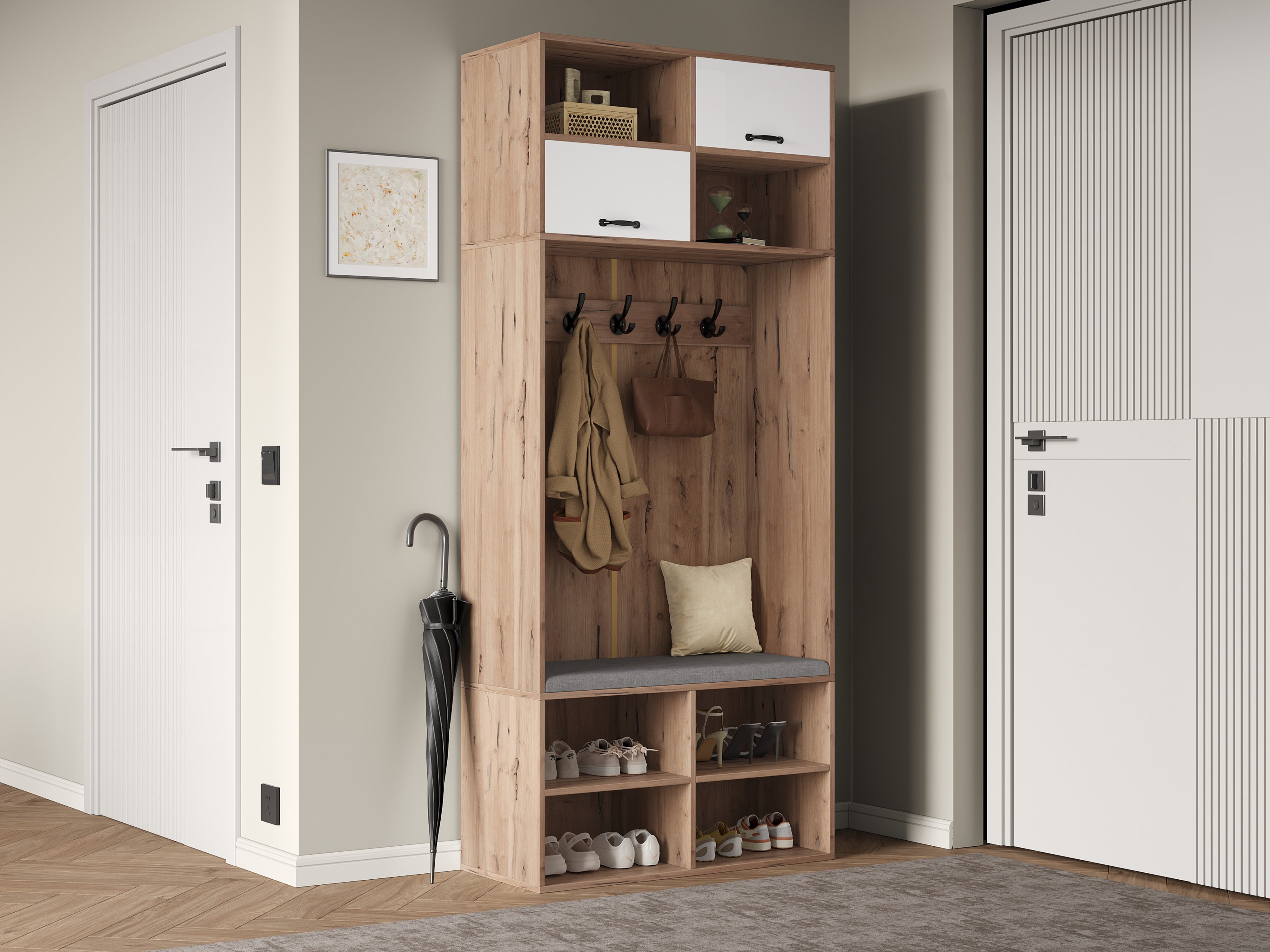 Logidon garderobekast met bank en 5 haken naturel wit 80x35x185cm