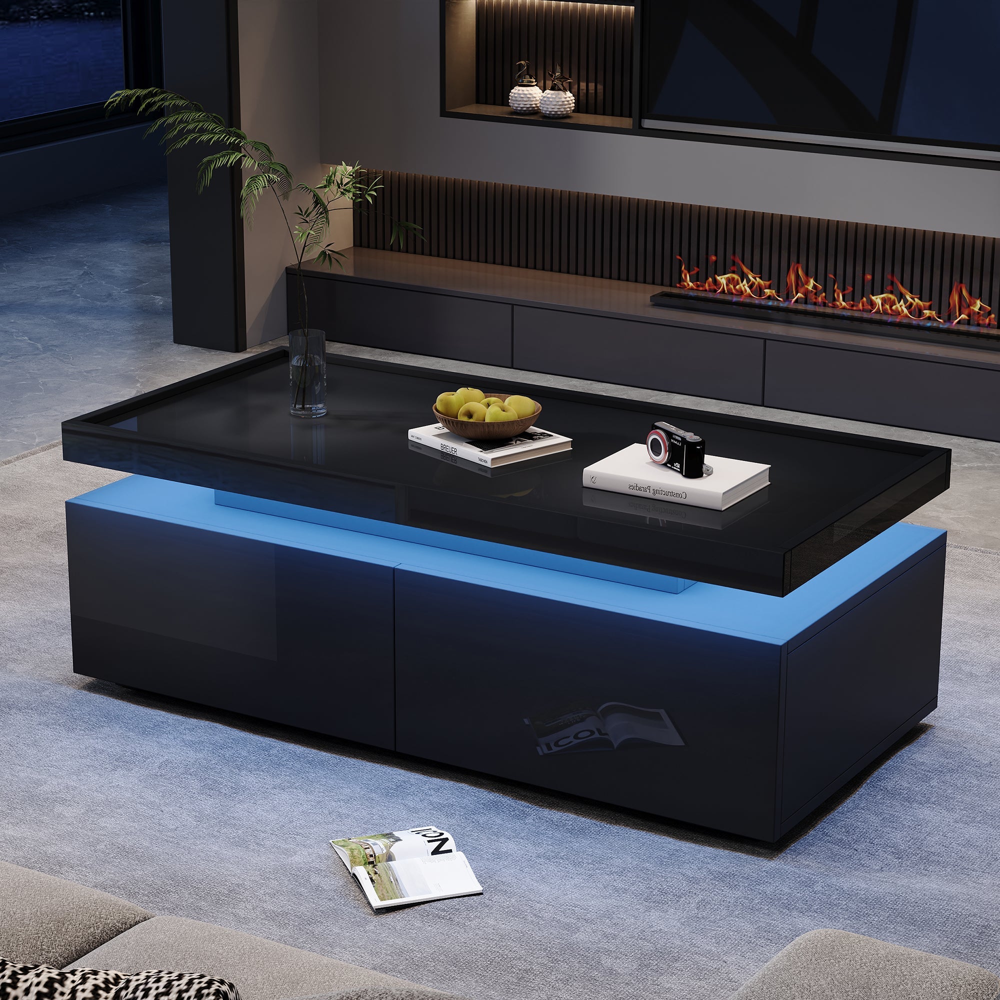 Logidon hoogglans salontafel 95x45x35 cm met LED verlichting zwart
