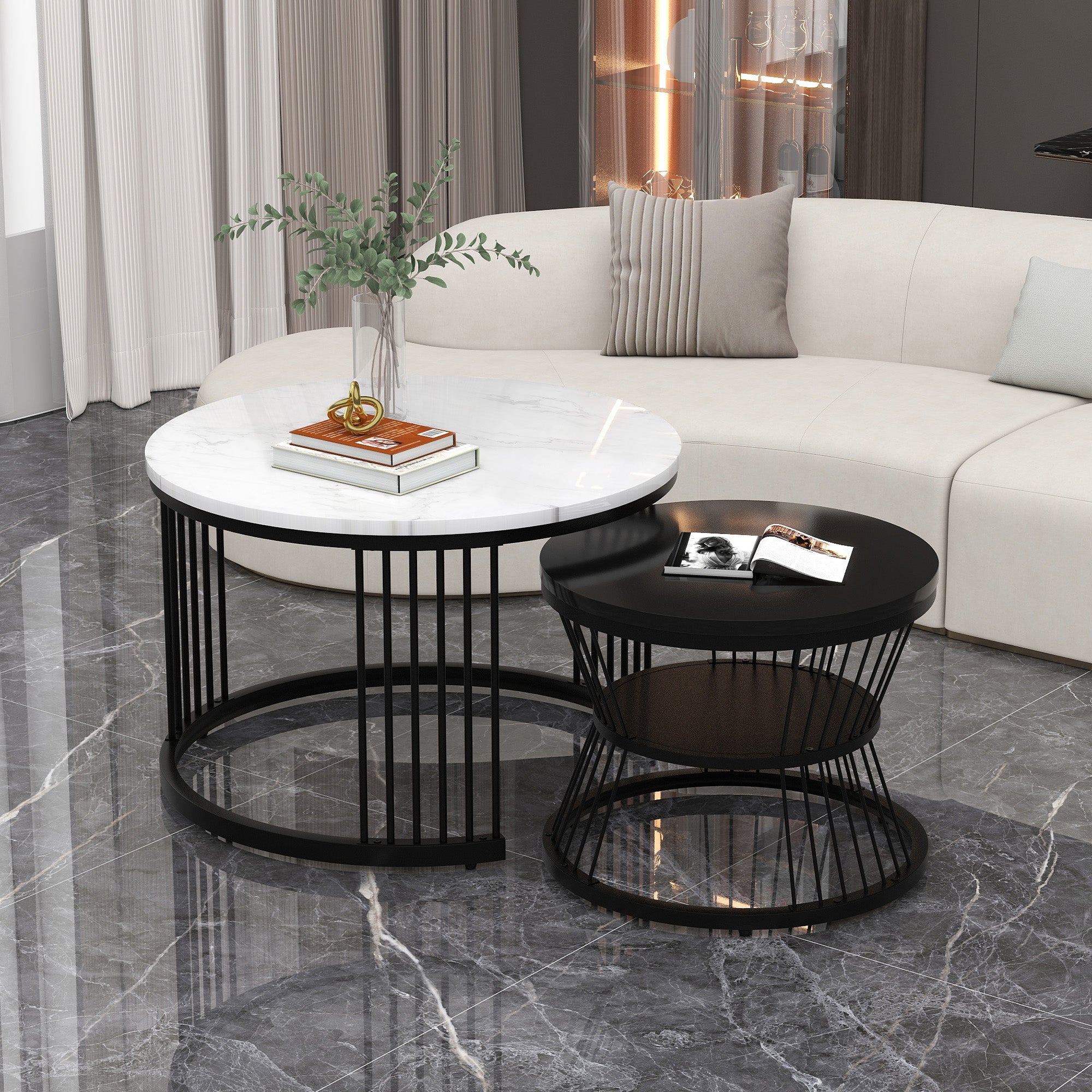 Logidon Moderne Nesting Salontafel Set van 2 Hoogglans Blad Zwart