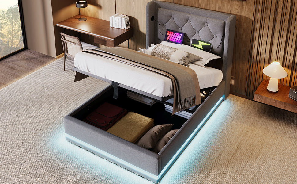 Logidon gestoffeerd bed 90x200 cm grijs met USB-C oplaadfunctie en LED
