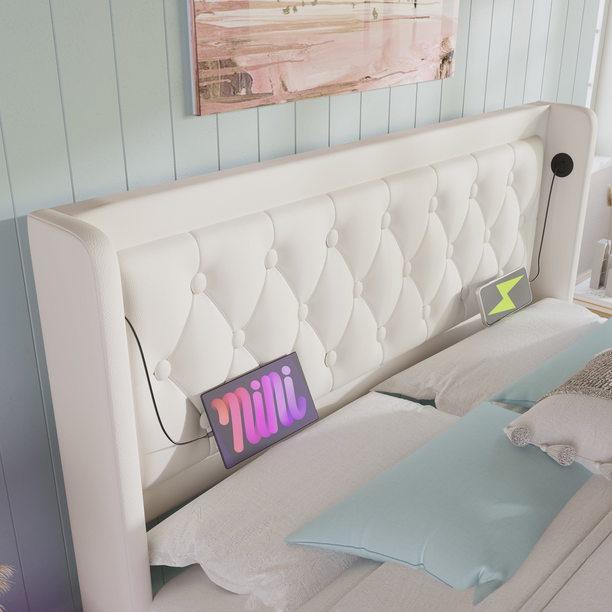 Logidon gestoffeerd bed 160x200 cm wit PU met USB Type C oplaadfunctie