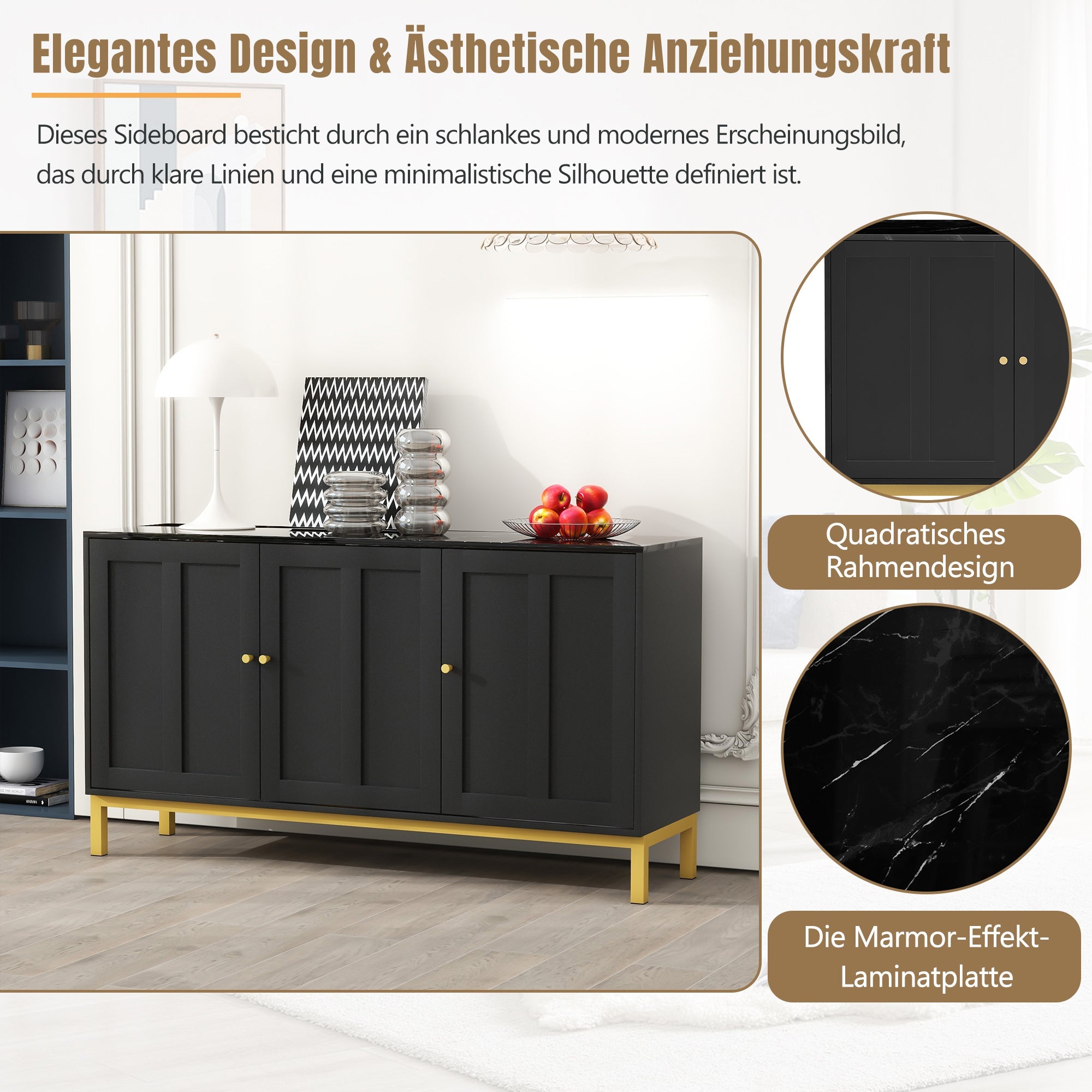 Logidon dressoir 3 deuren zwart MDF met marmerlook 140x40x78