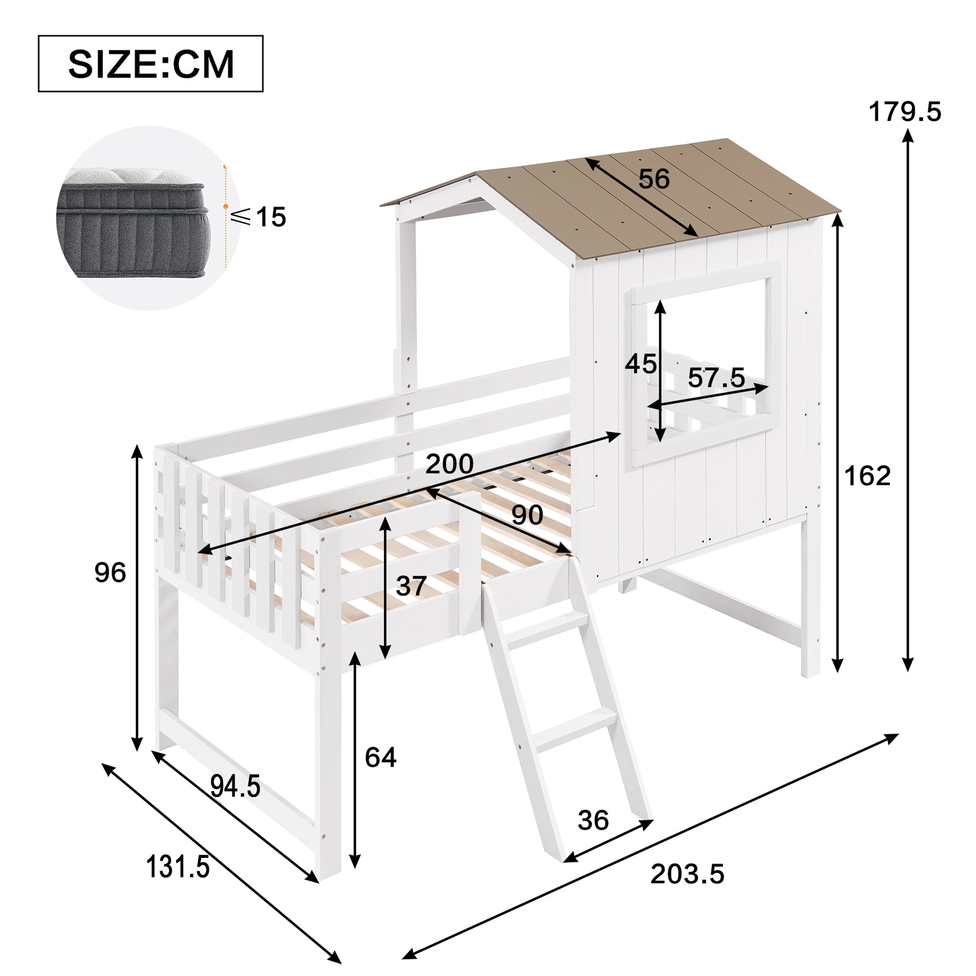 Logidon kinderbed halfhoogslaper met dakraam 90x200 wit naturel