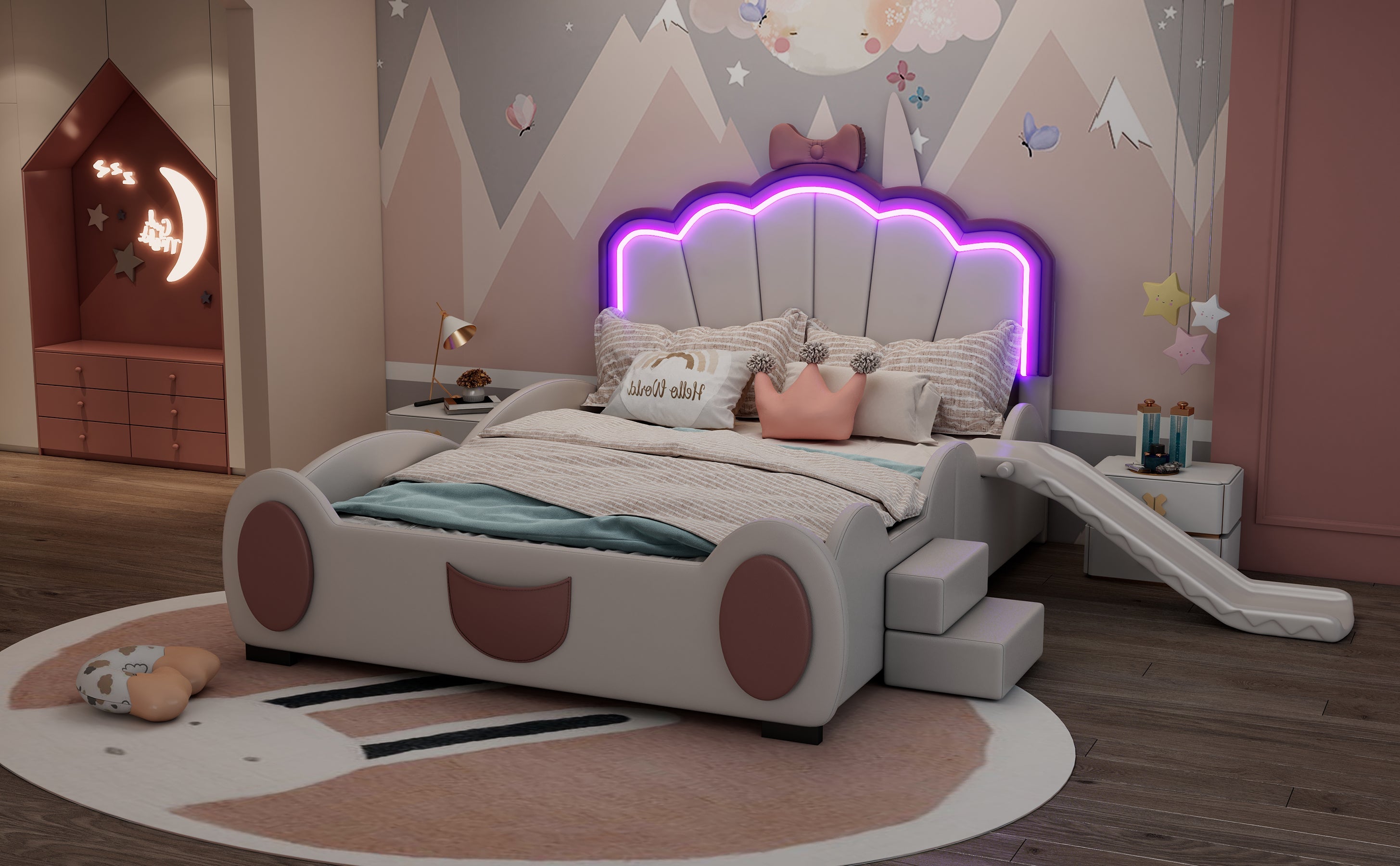 Logidon 90x200 cm Butterfly Bed With LED Color Changing Pink White