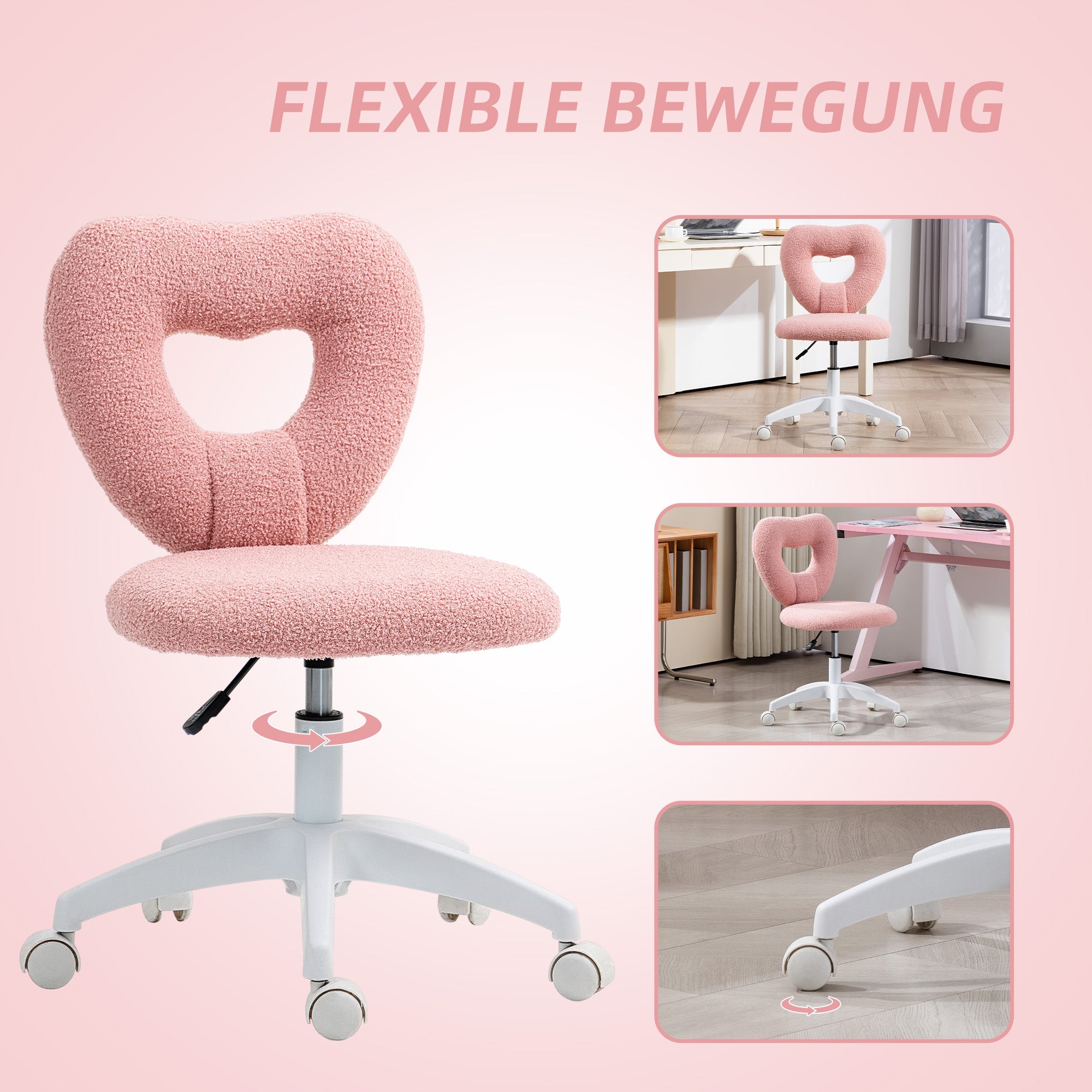 Logidon Roze Teddy Fleece Bureaustoel Hart Rugleuning in hoogte verstelbaar