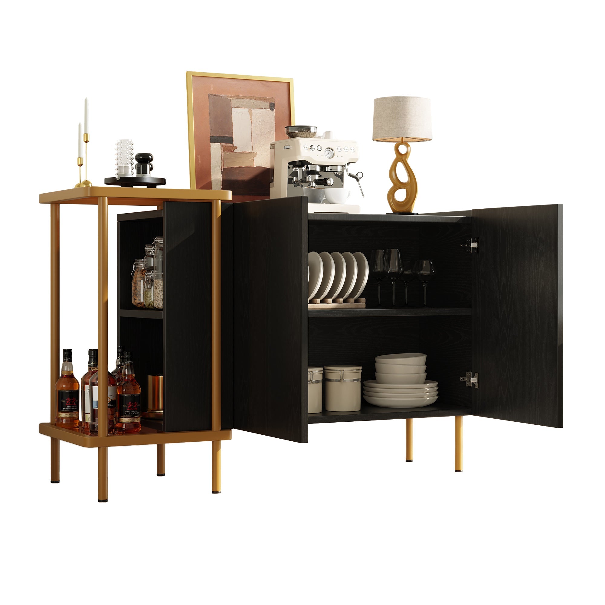 Logidon Dressoir Zwart Glazen Blad En Metalen Poten 120x40x77.5