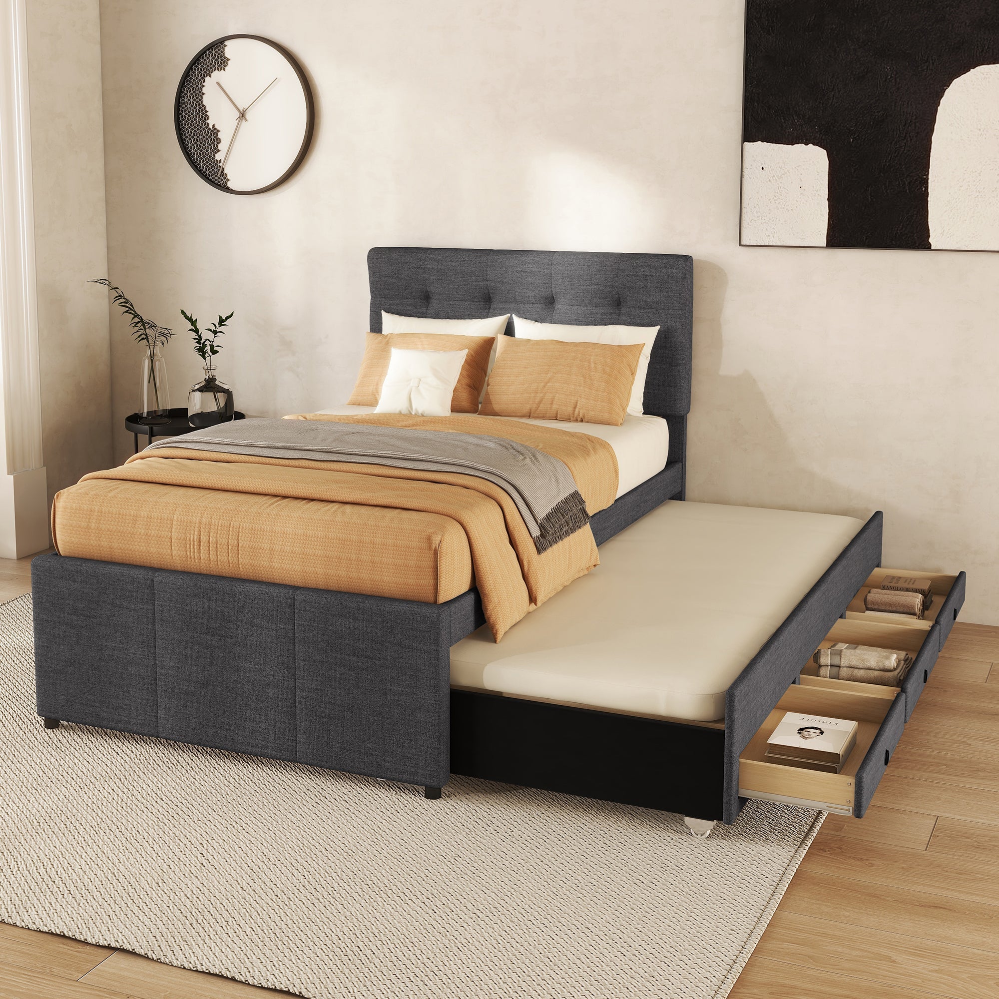 Logidon gestoffeerd bed 90x200cm grijs met drie lades en onderschuifbed