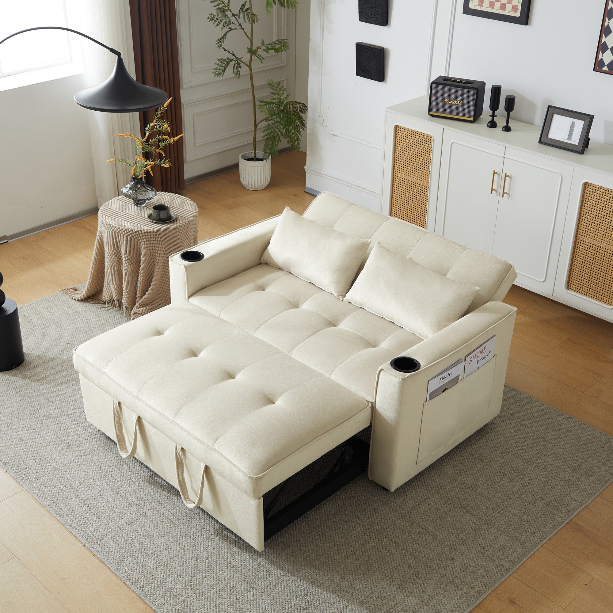Logidon slaapbank beige fluweel met bekerhouder en kussen
