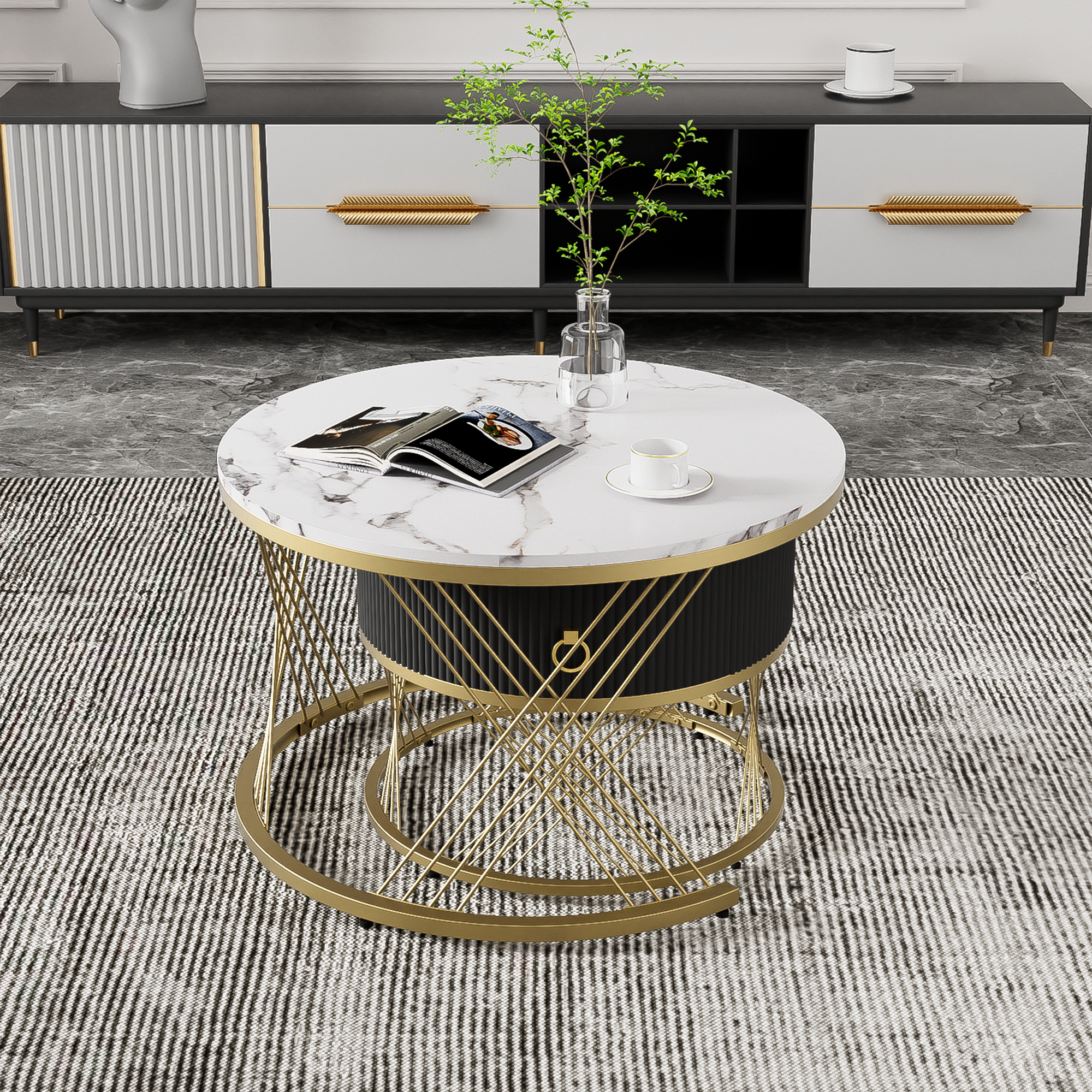 Logidon elegante modulaire salontafelset marmerlook witgoud decor set van 2