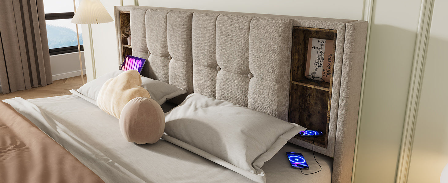 Logidon tweepersoonsbed 180x200 natuurlijk linnen draadloos opladen USB-C opslagruimte