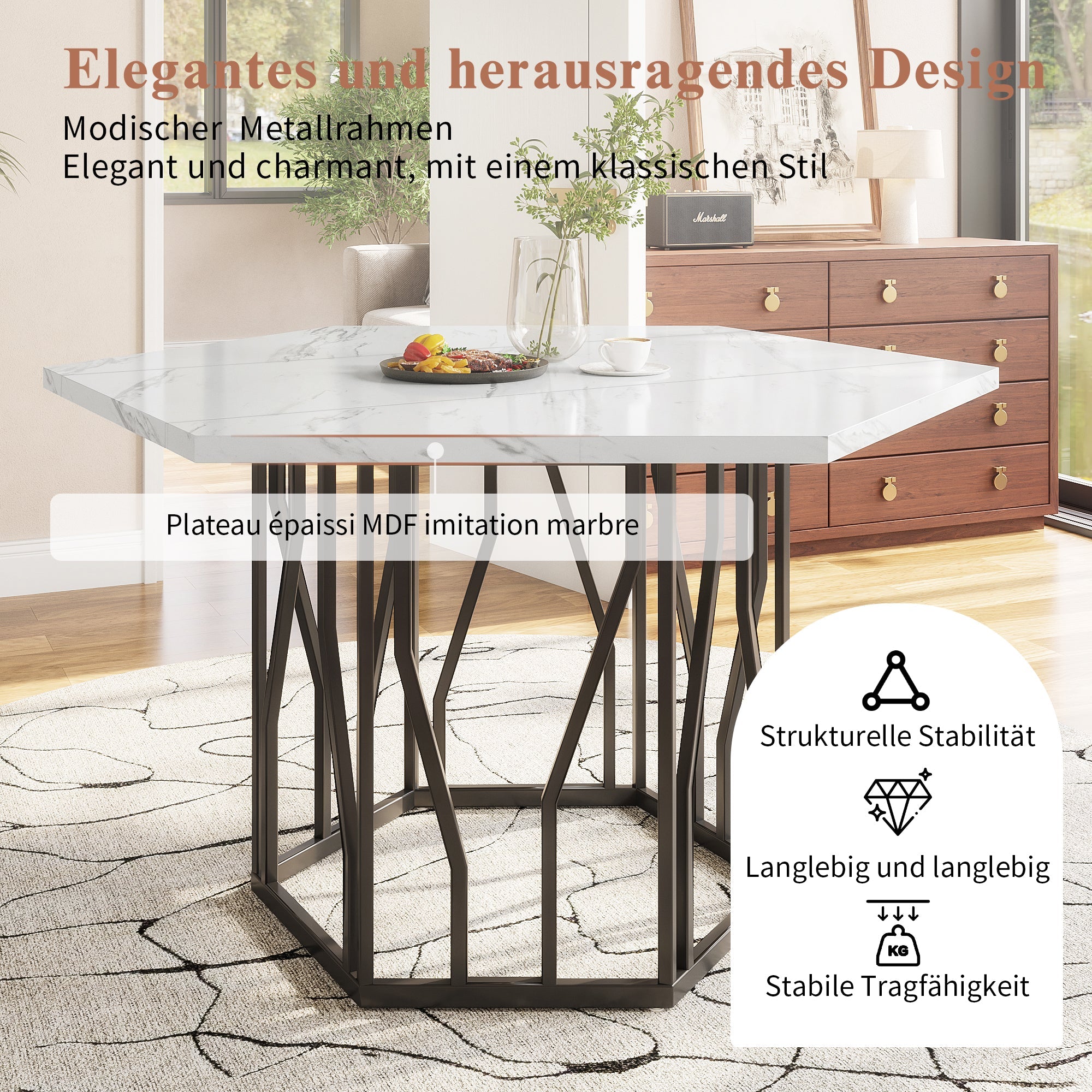 Logidon Hexagon marmeren witte eettafelset en zwart fluwelen stoelen