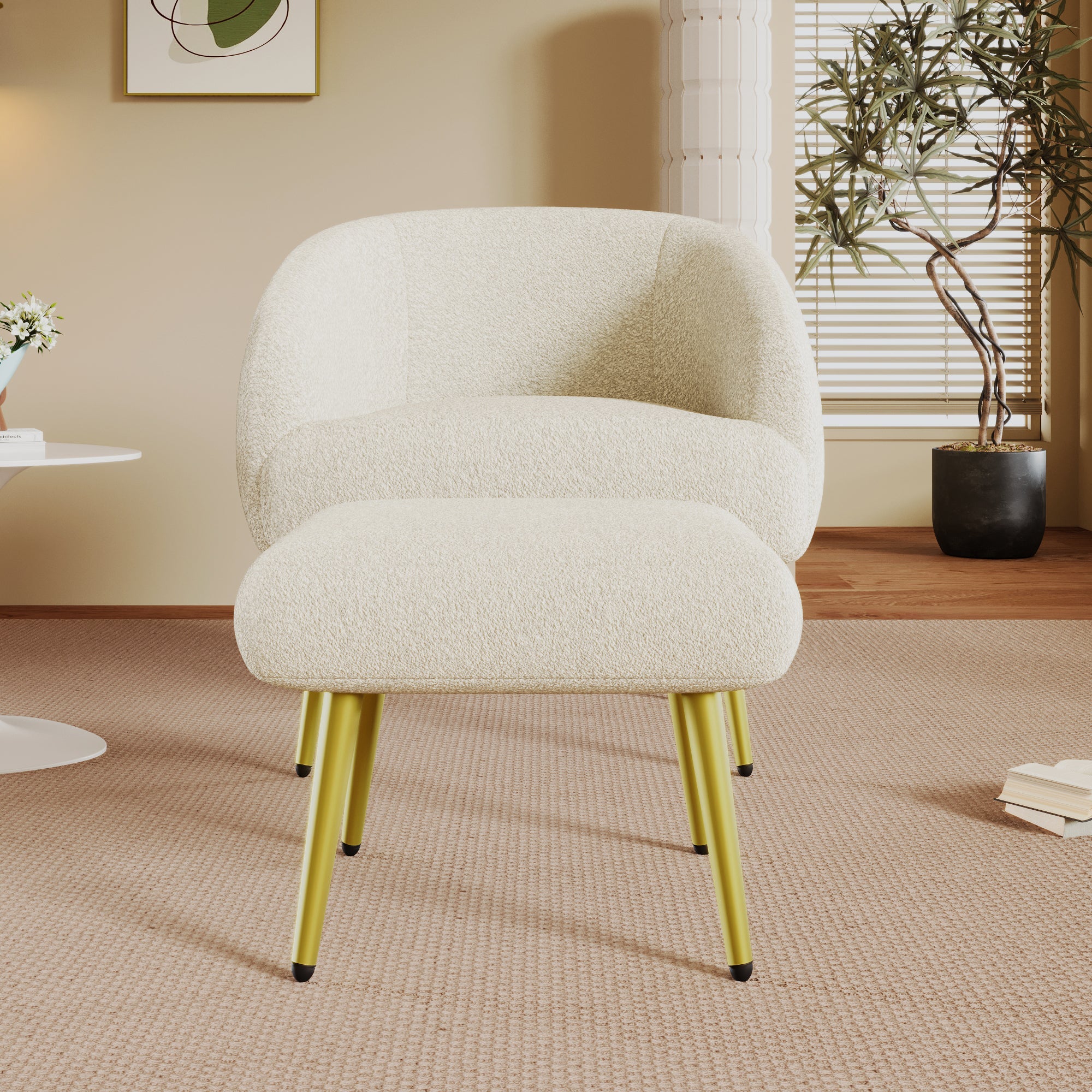 Logidon Modern Sherpa Upholstered Chair with Footstool White Gold Legs