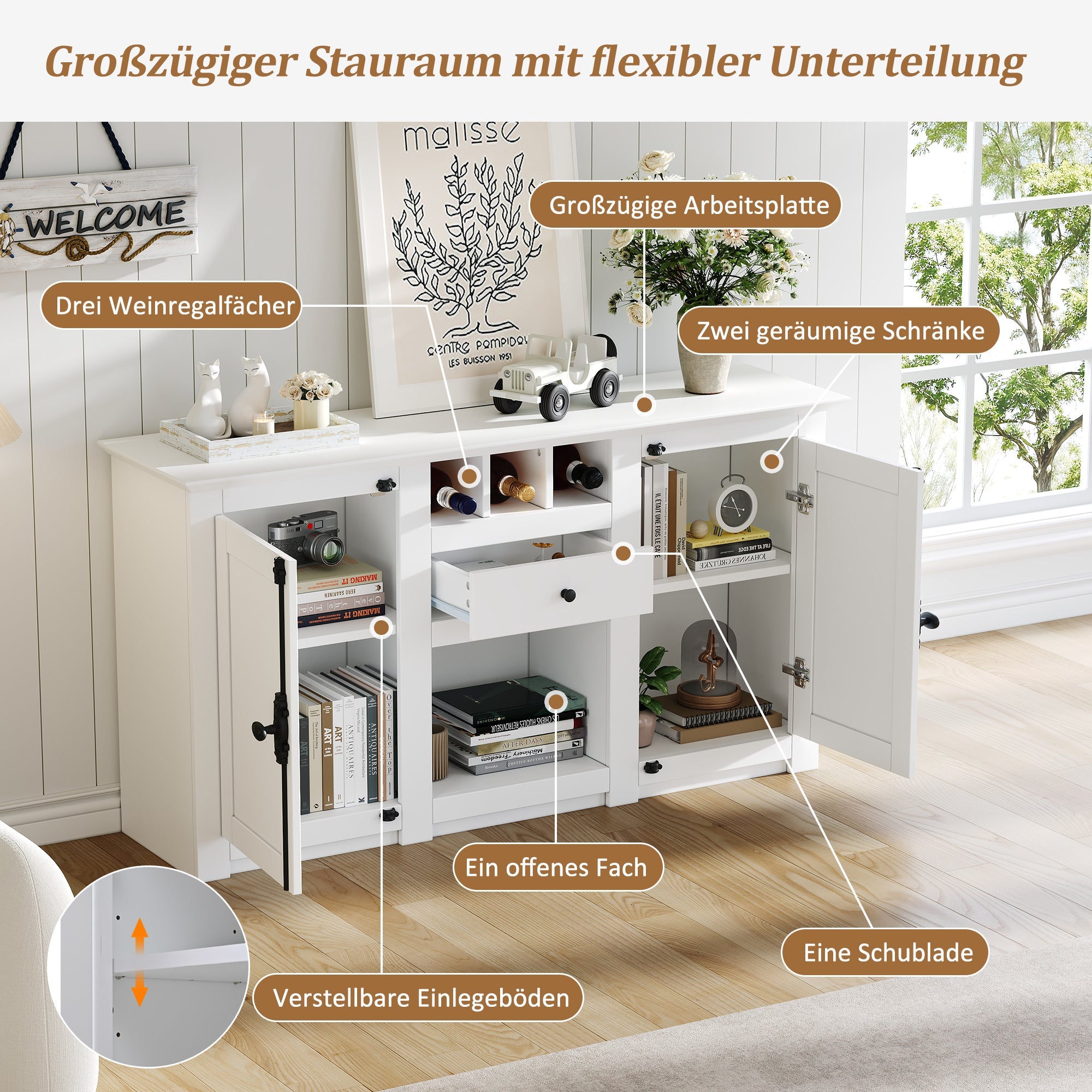 Logidon dressoir 130x35x70 cm wit 2 deuren, 1 lade, 3 wijnvakken