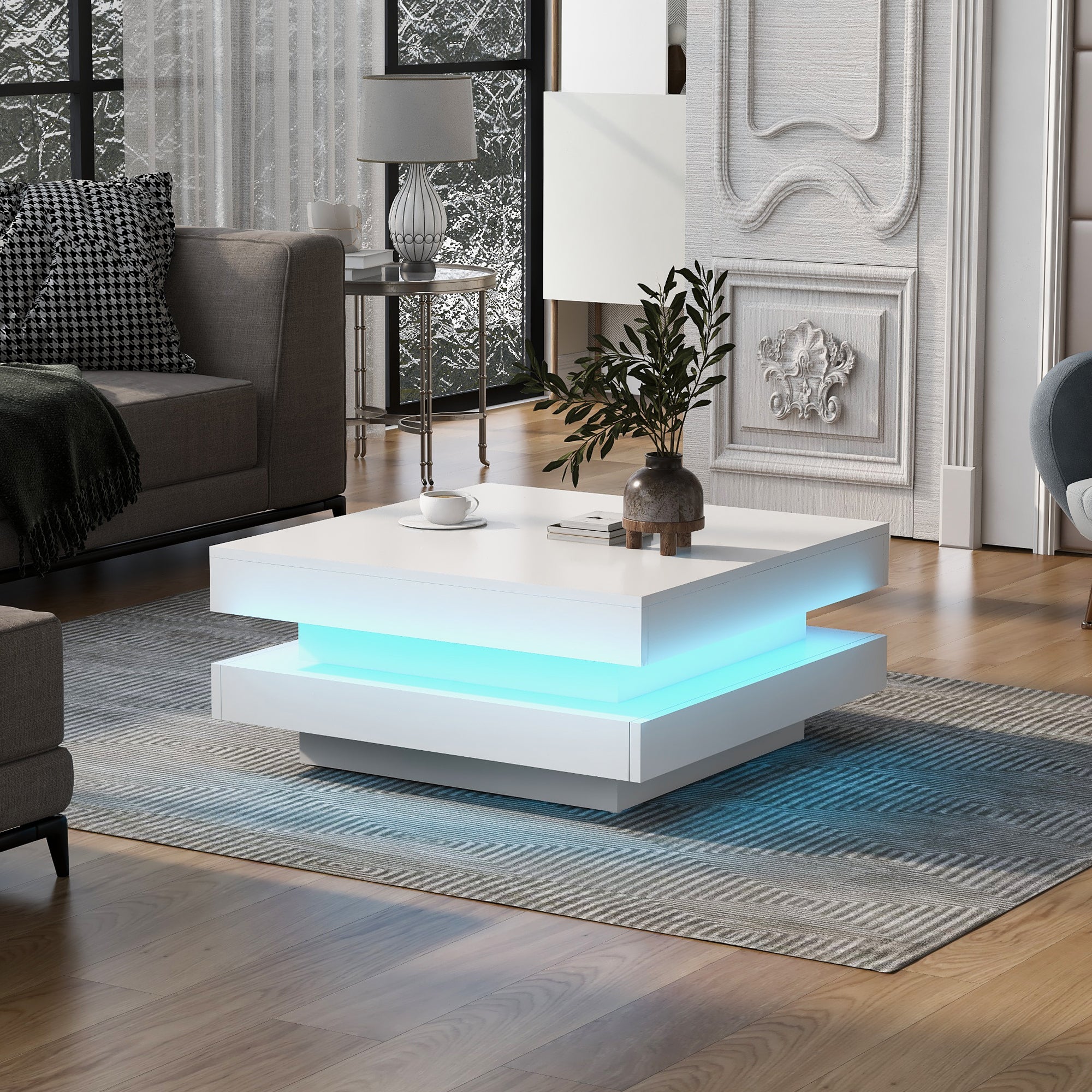 Logidon witte hoogglans salontafel 70x70x36 cm met draaiplaat en 16-kleuren LED