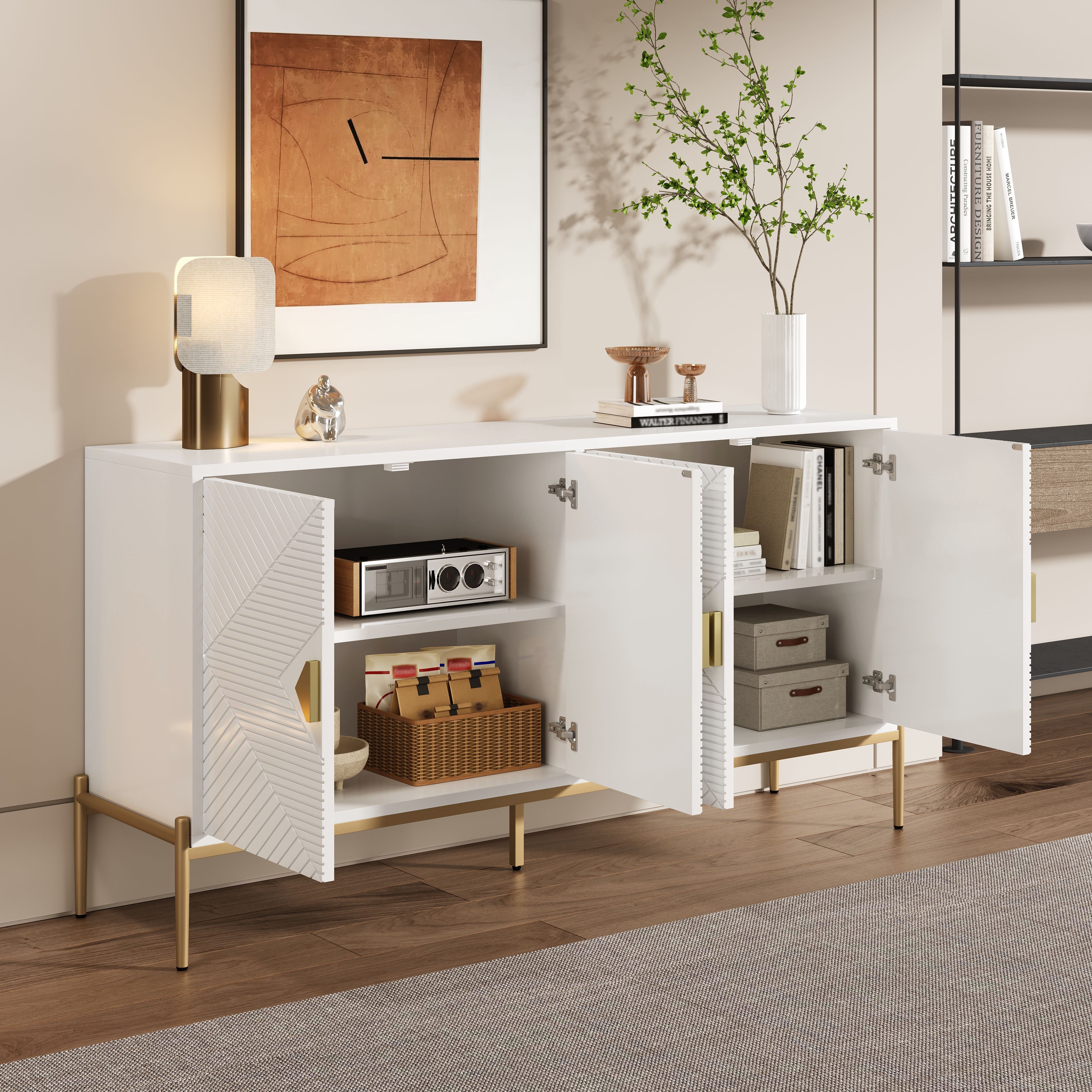 Logidon Modern dressoir wit met gouden details, 4 deuren, 162x40x80