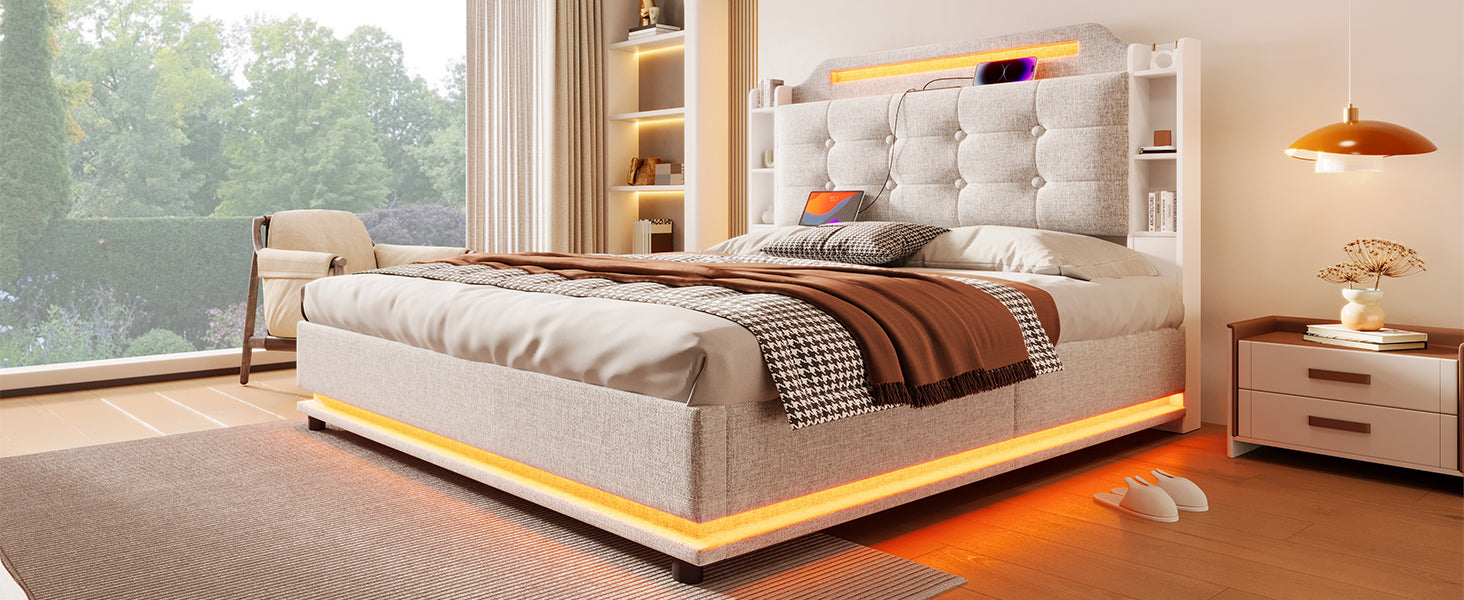 Logidon gestoffeerd bed 140x200 beige met LED lichtstrip en opbergruimte