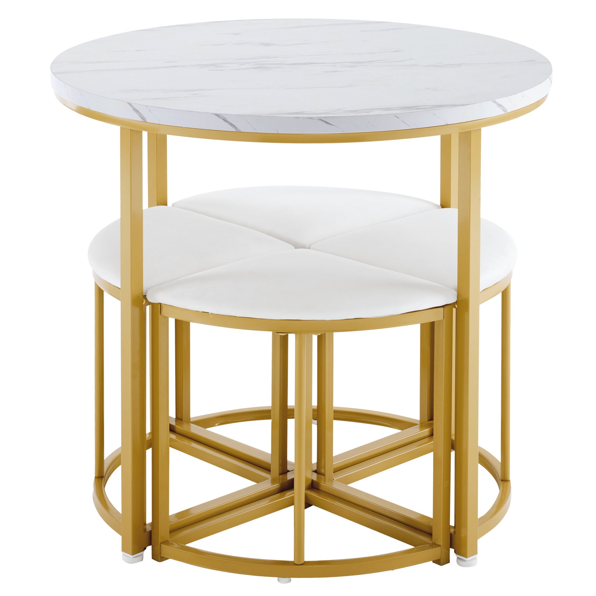 Logidon eetkamerset ronde tafel wit marmerlook goud frame 4 stoelen