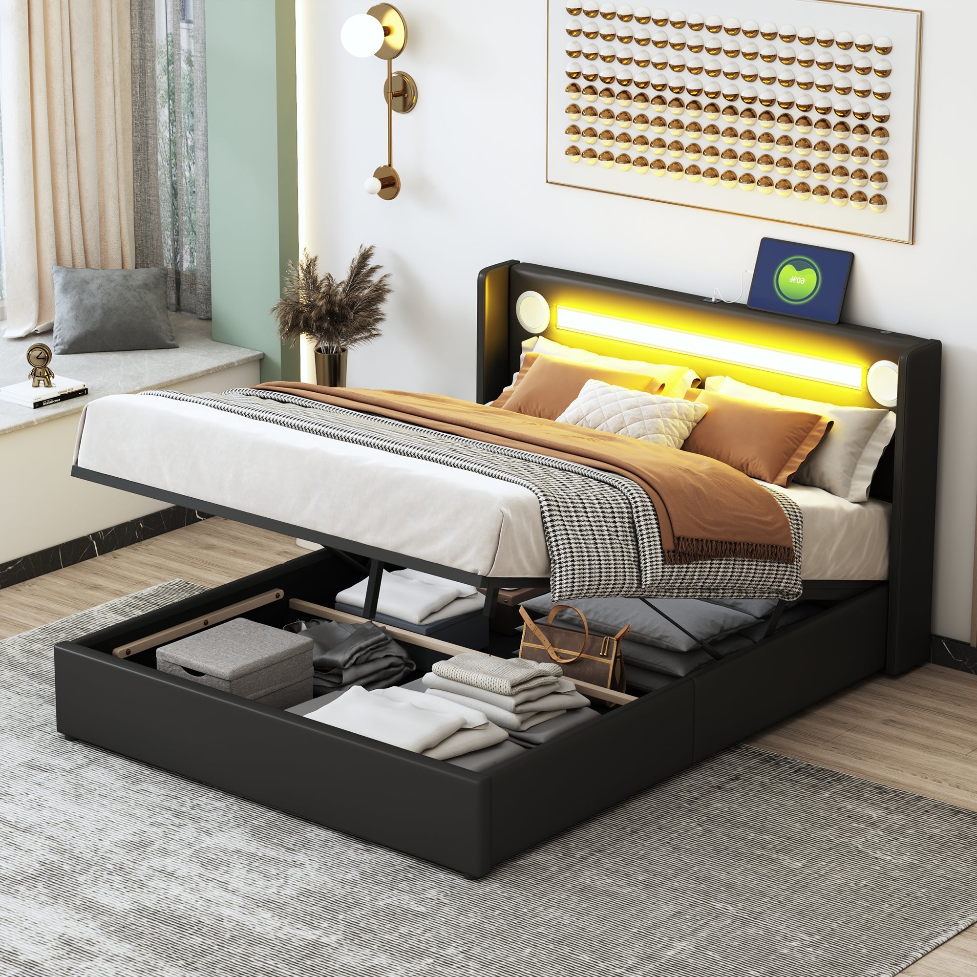 Logidon gestoffeerd bed 140x200 zwart met LED lichtstrip Bluetooth en USB
