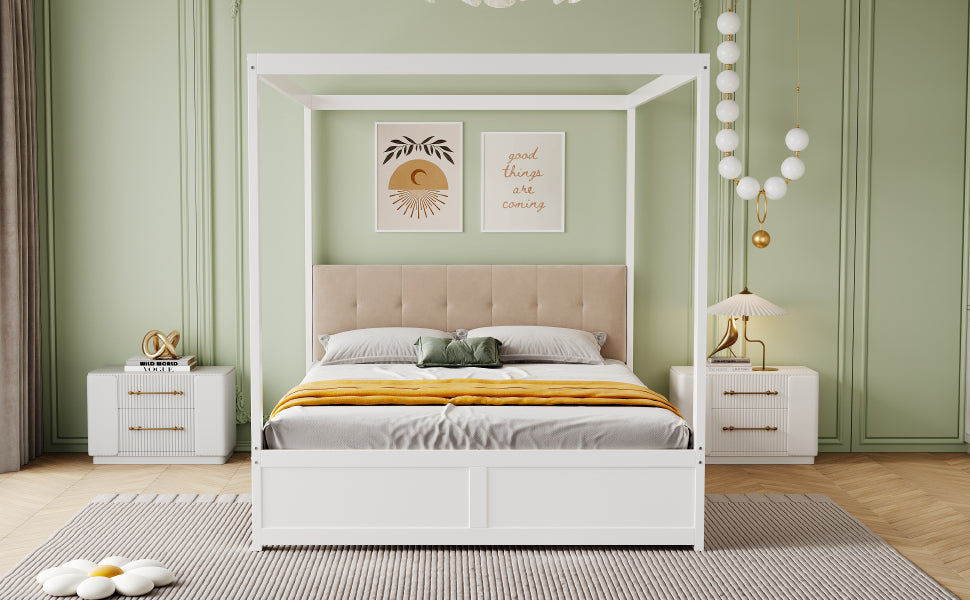 Logidon hemelbed 140x200 cm wit hout met grote opbergruimte