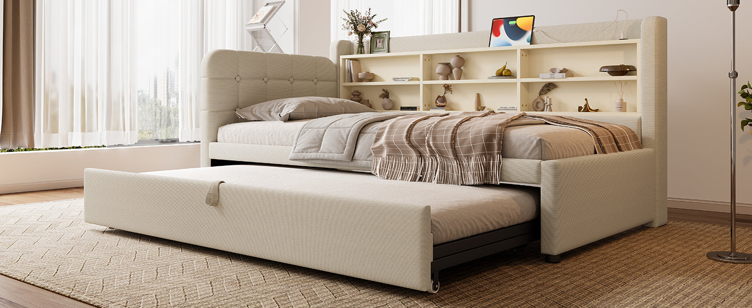 Logidon Daybed 90x200 beige linnen uitschuifbare slaapbank USB Type C