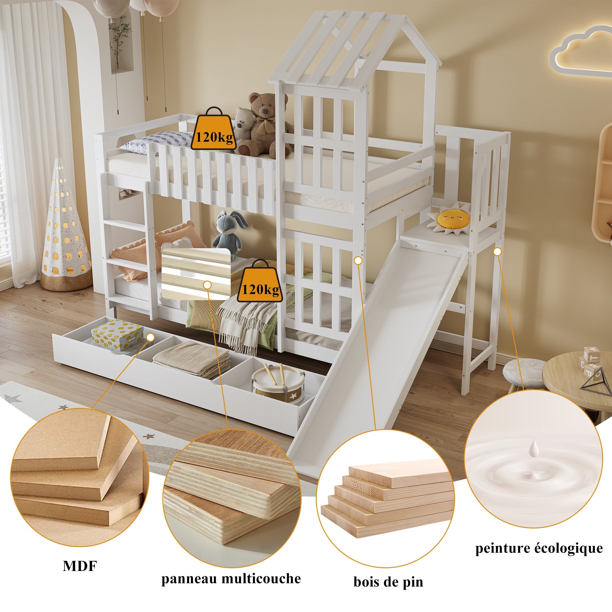 Logidon stapelbed met glijbaan en grote lade 90x200 wit