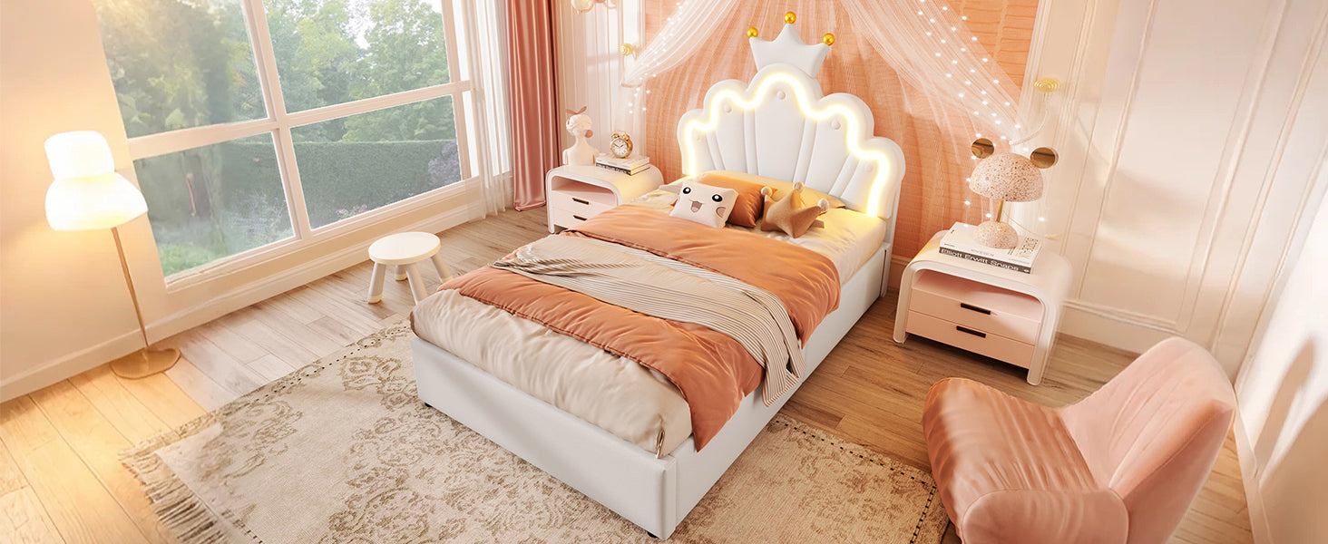 Logidon prinsessenbed 90x200 cm wit kunstleer LED-verlichting