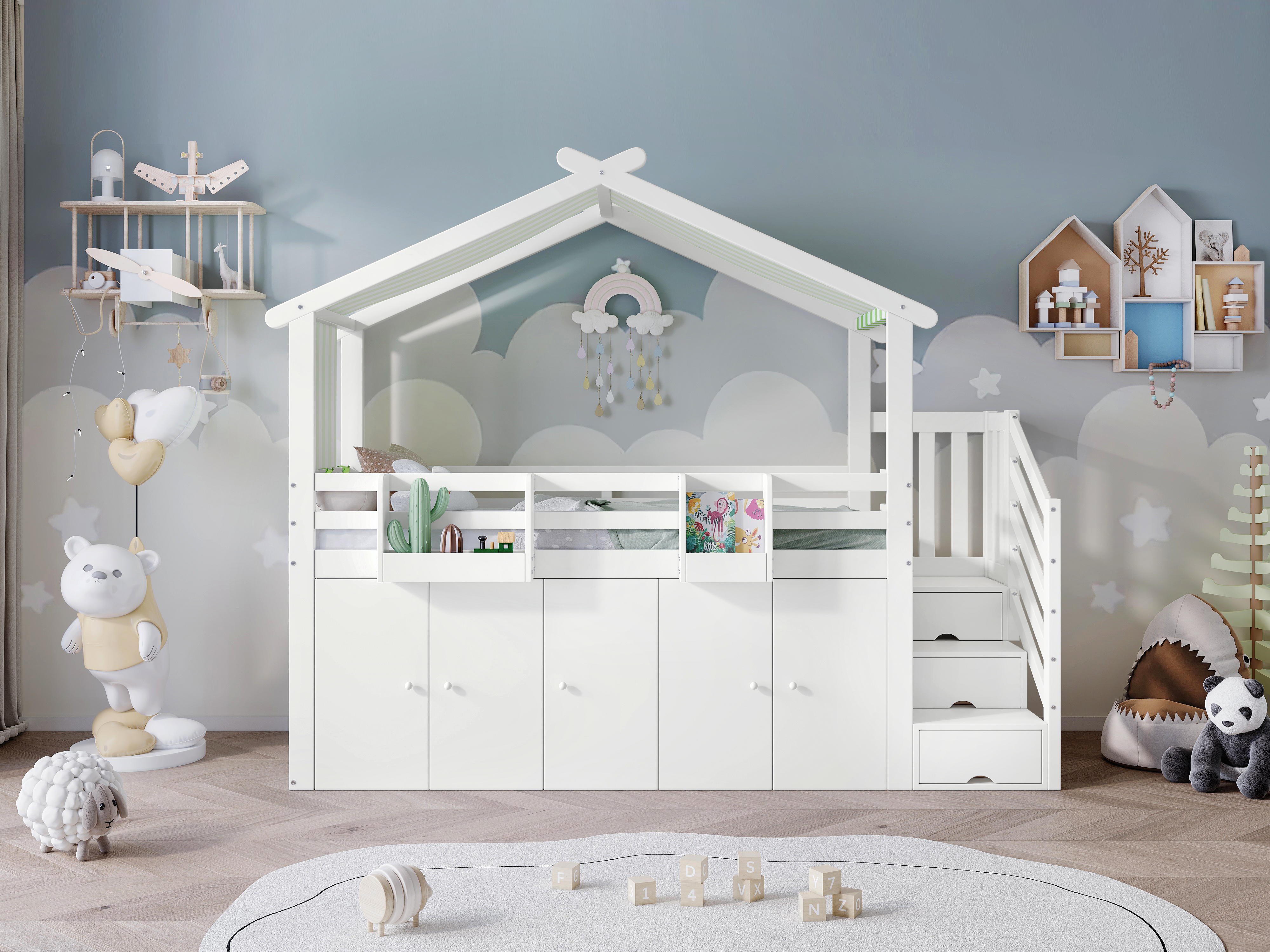 Logidon Kinderstapelbed 90x200 cm witgroen met kledingkast