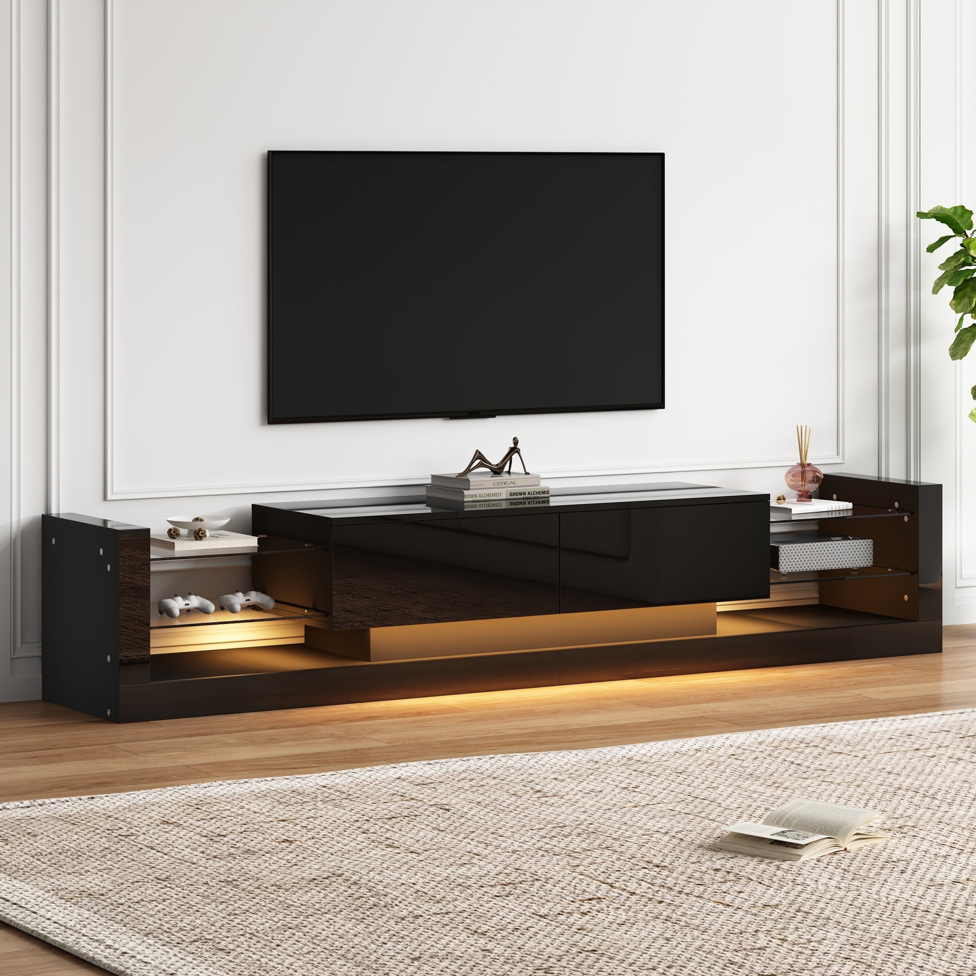 Logidon high-gloss TV cabinet 181 cm LED lighting black glass front